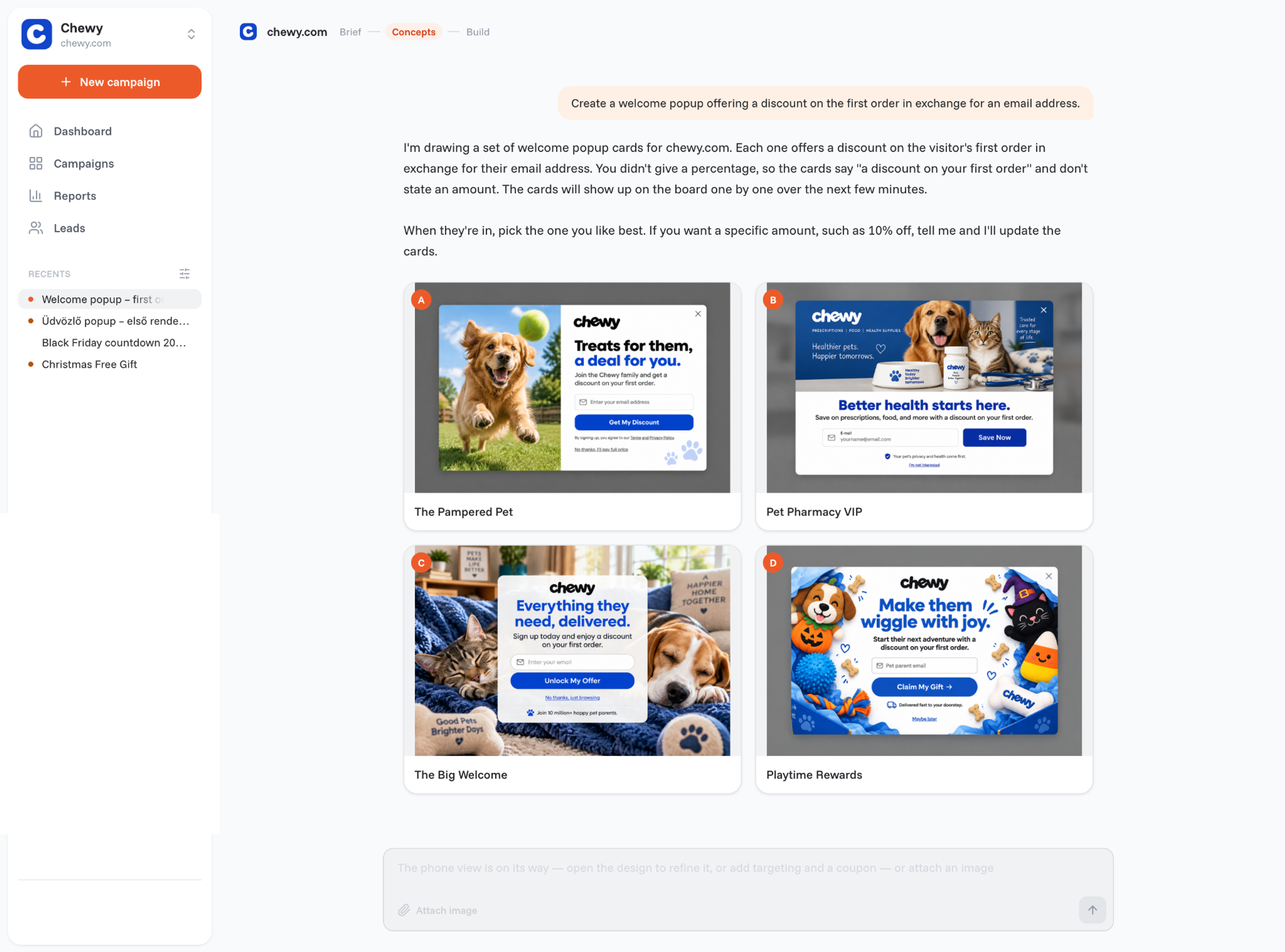 OptiMonk agent showing four welcome popup concepts for Chewy after a one-sentence prompt about a first-order discount