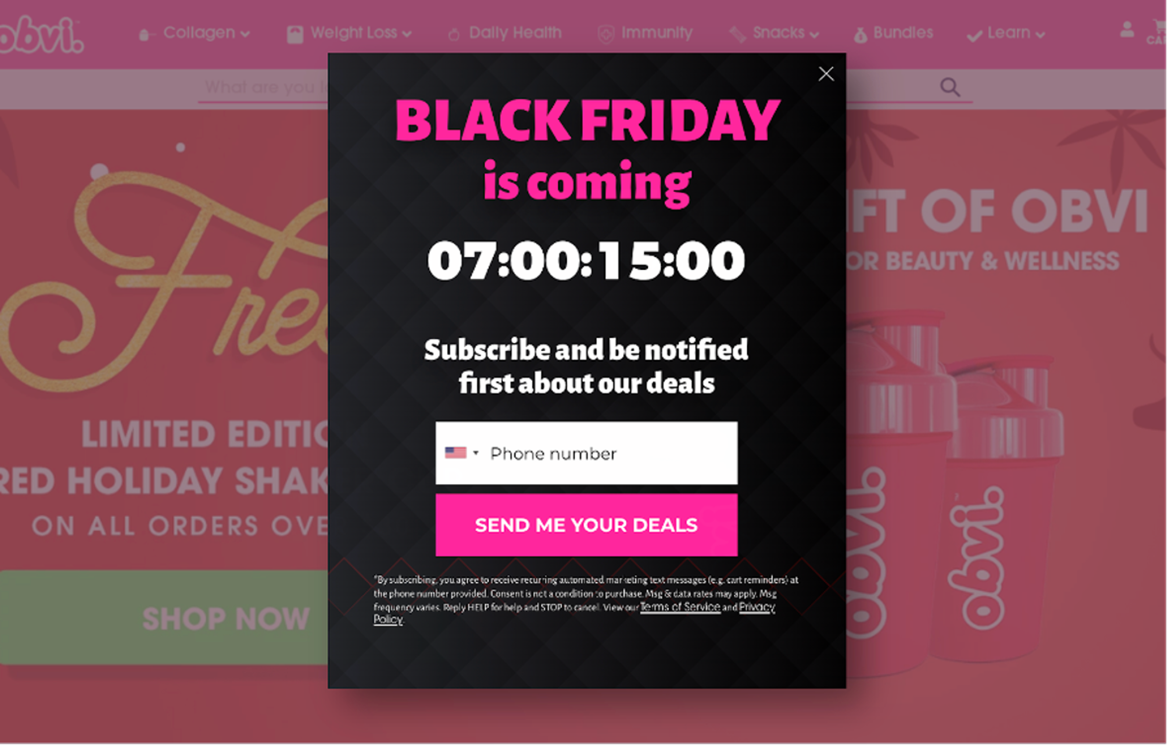Obvi Black Friday marketing list building exit intent pop up