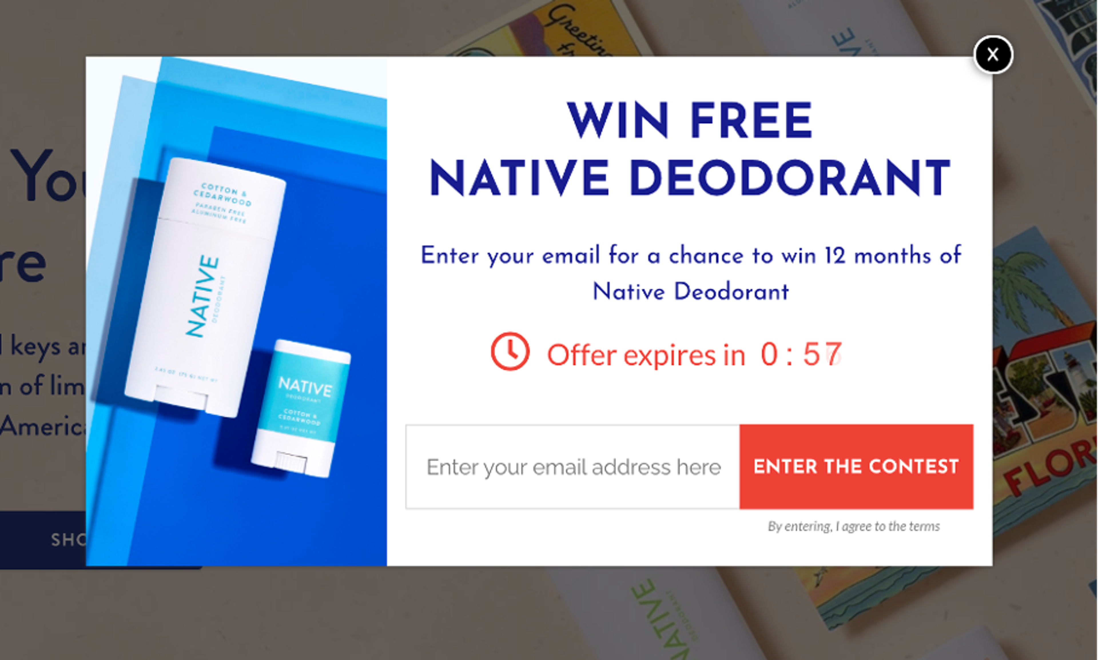 Native Deodorant's way to collect newsletter subsciber is also a tried and tested method: countdown timers.