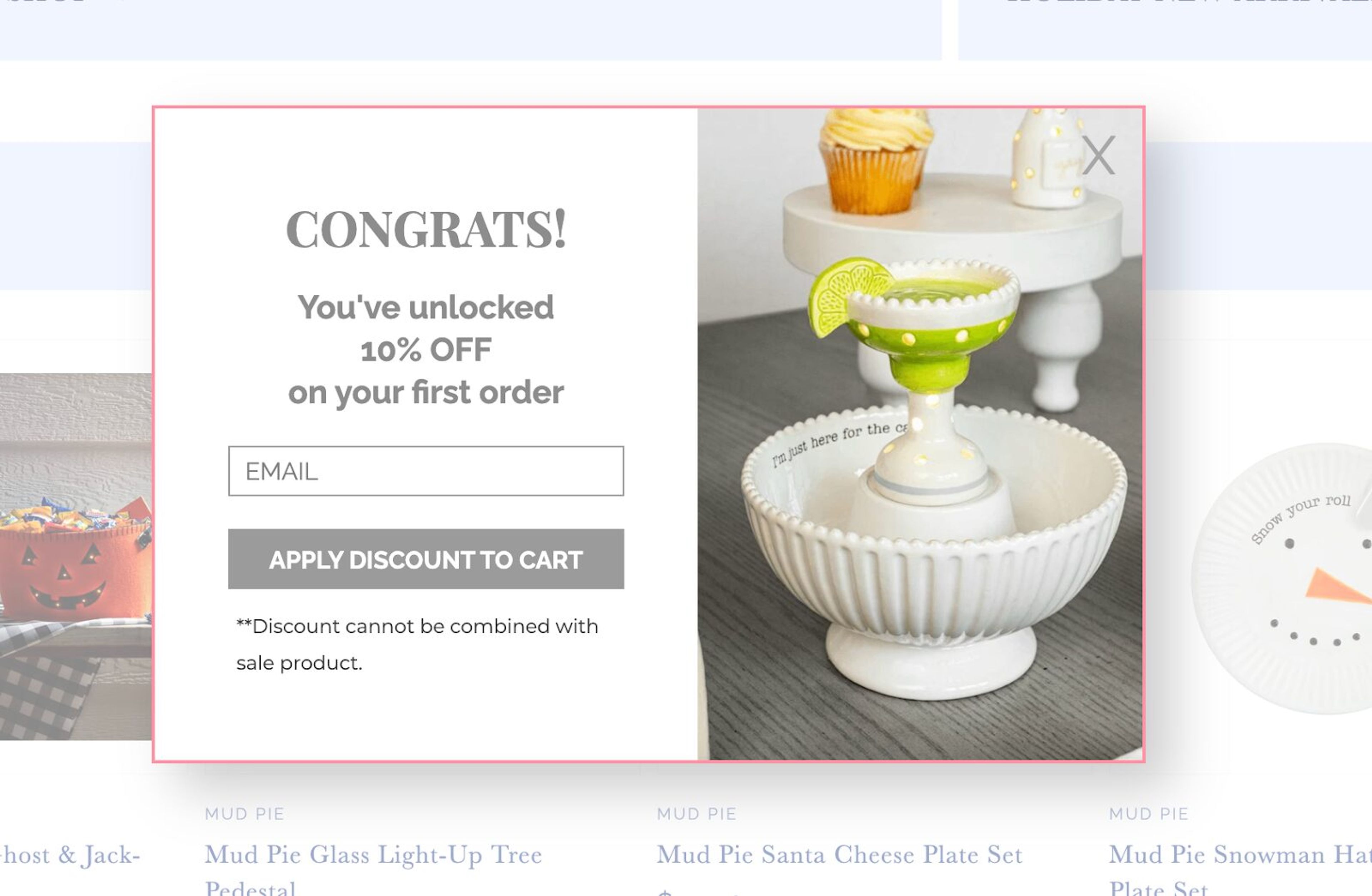 Pop-up offering 10% discount for first-time buyers with a clear call-to-action button.