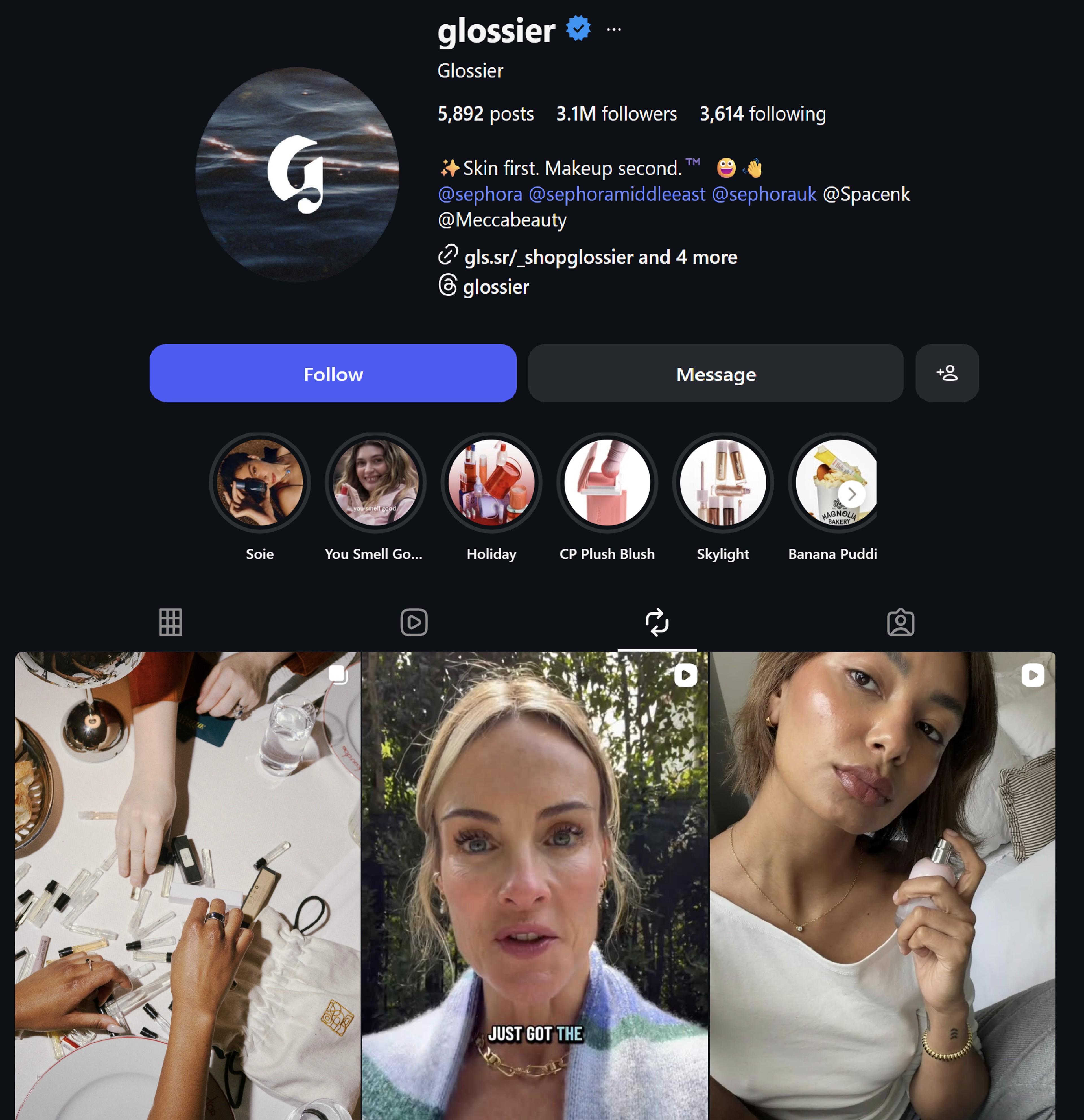 Glossier using UGC content on their Instagram