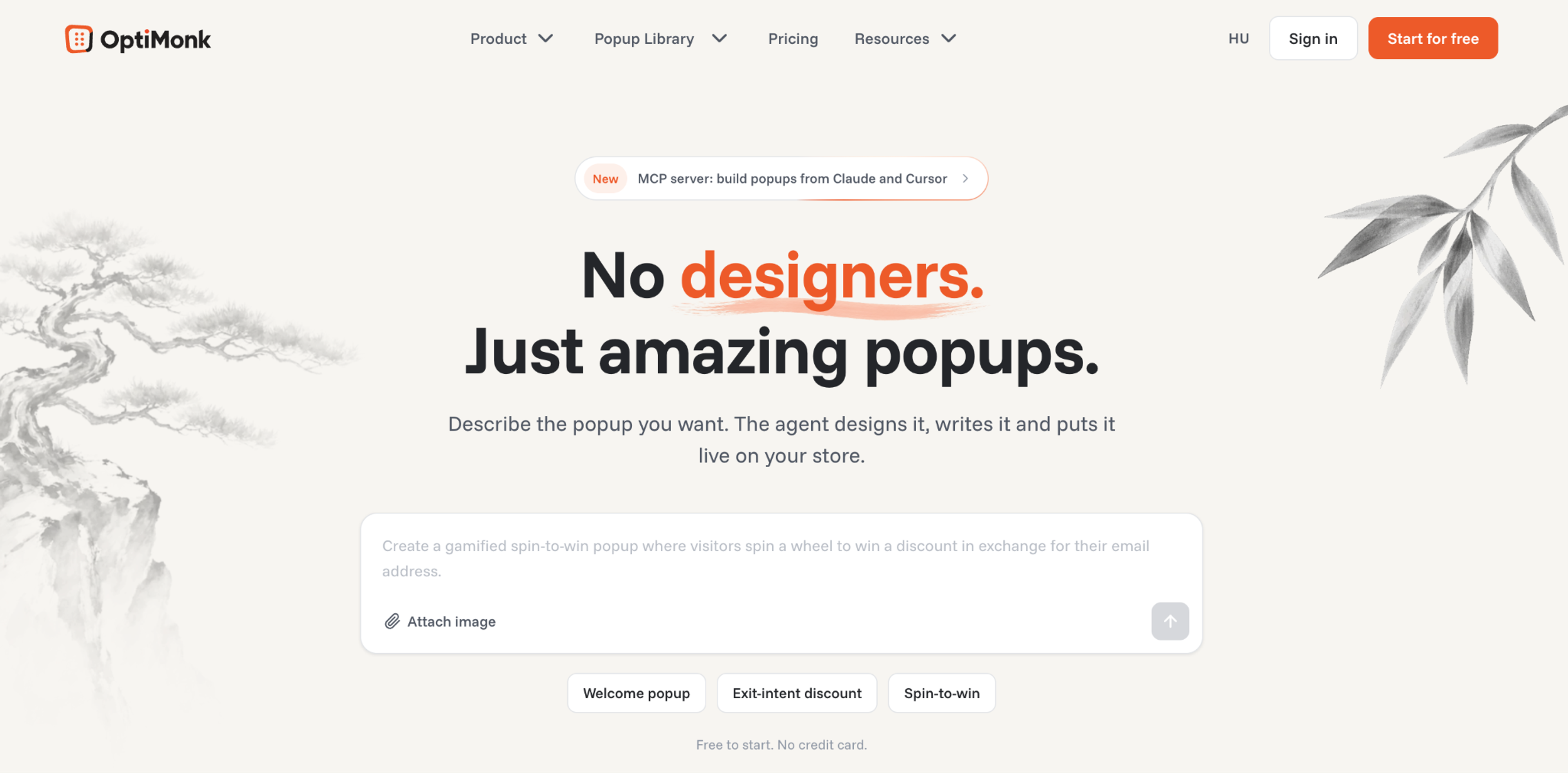 OptiMonk homepage with a prompt box where you describe the popup you want and the agent designs it