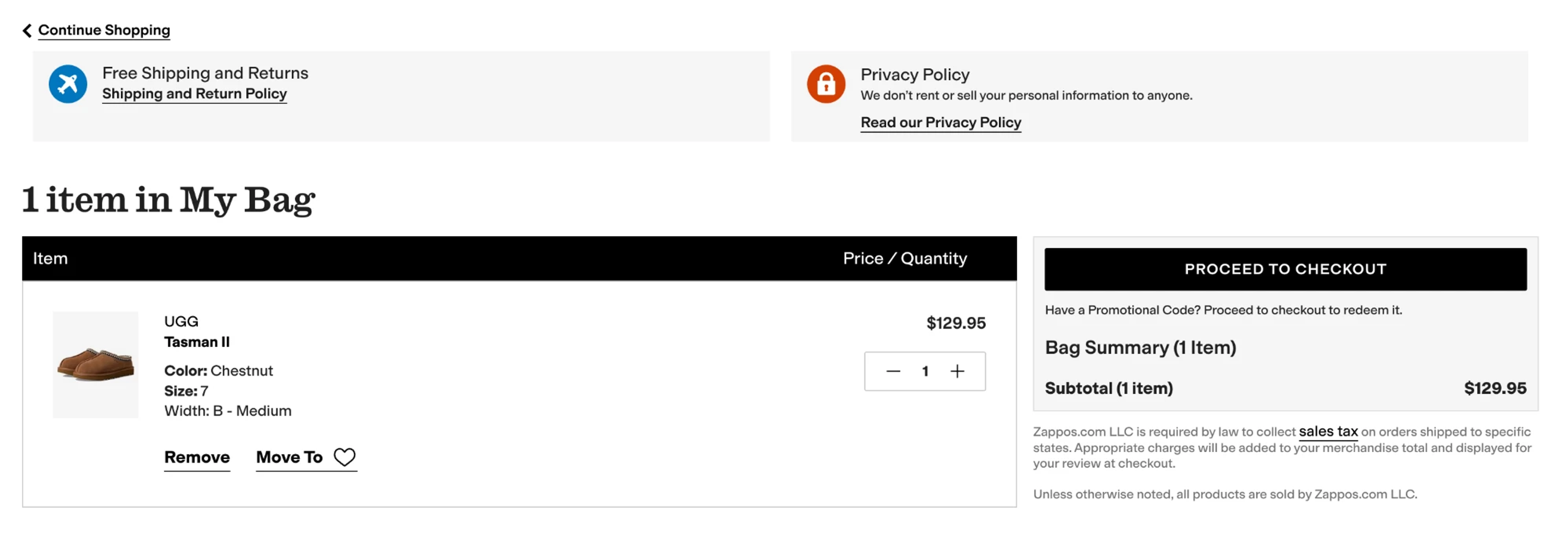 Zappos bag page with a Free Shipping and Returns box and a link to the return policy above the cart