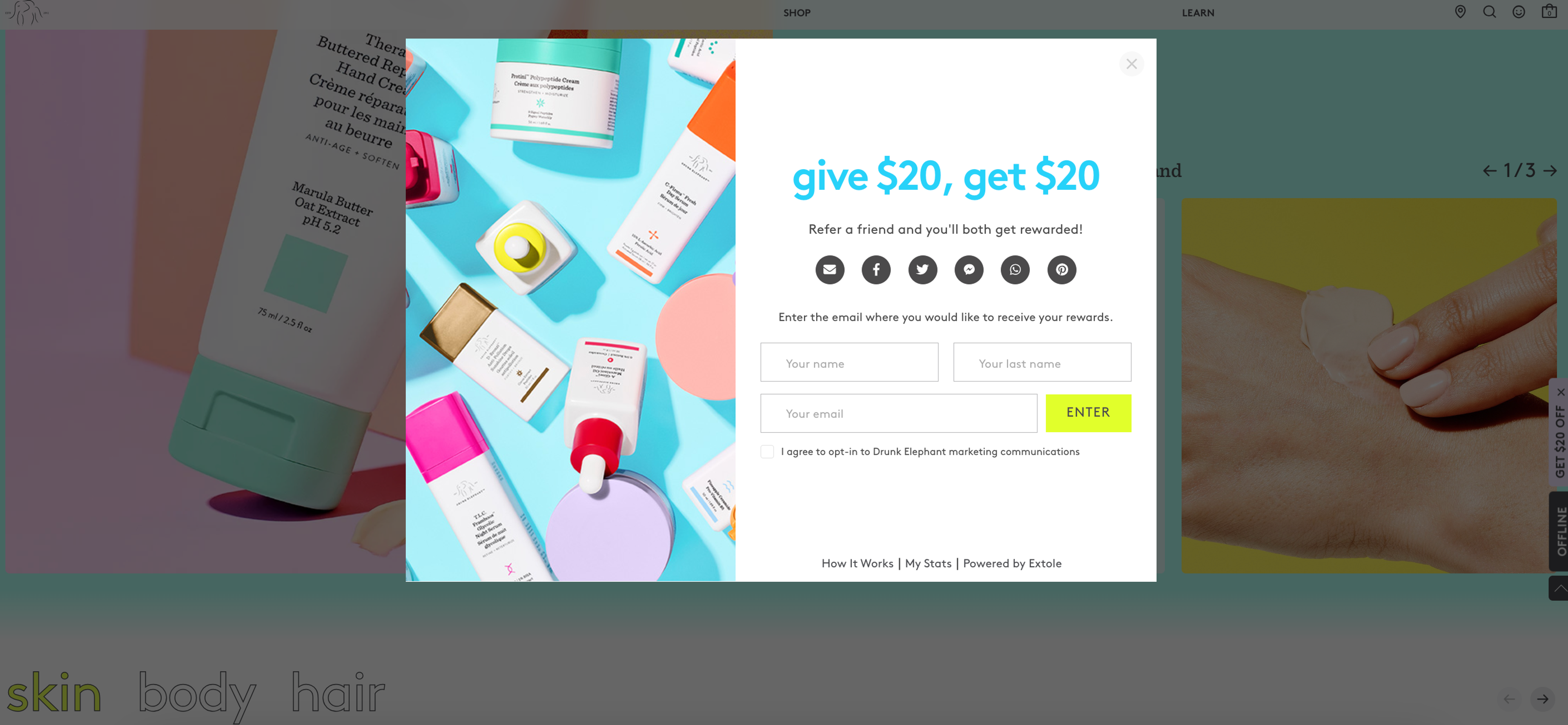 Drunk Elephant refer-a-friend popup