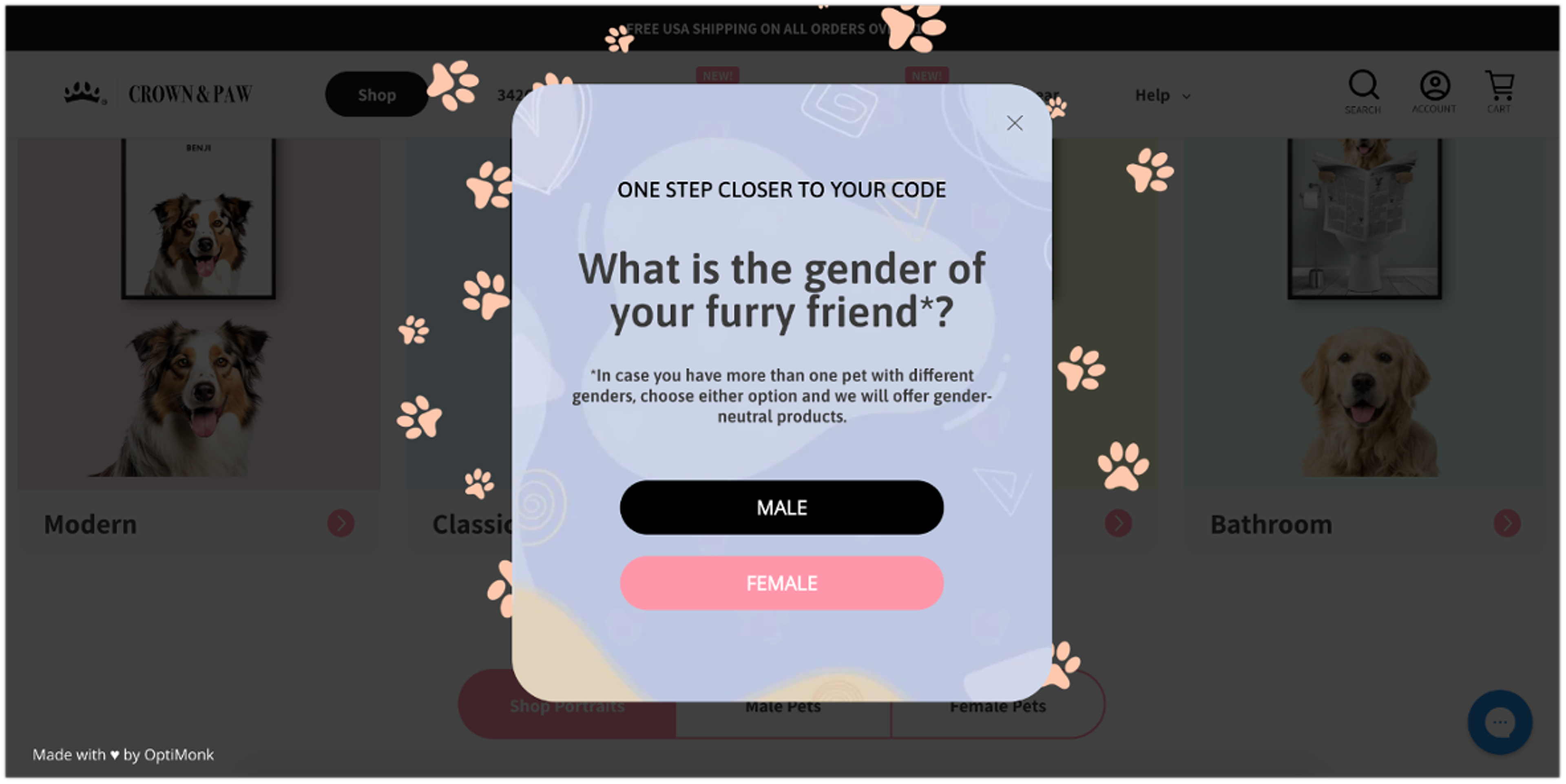 Crown &amp; Paw's segmentation popup helps to engage new customers