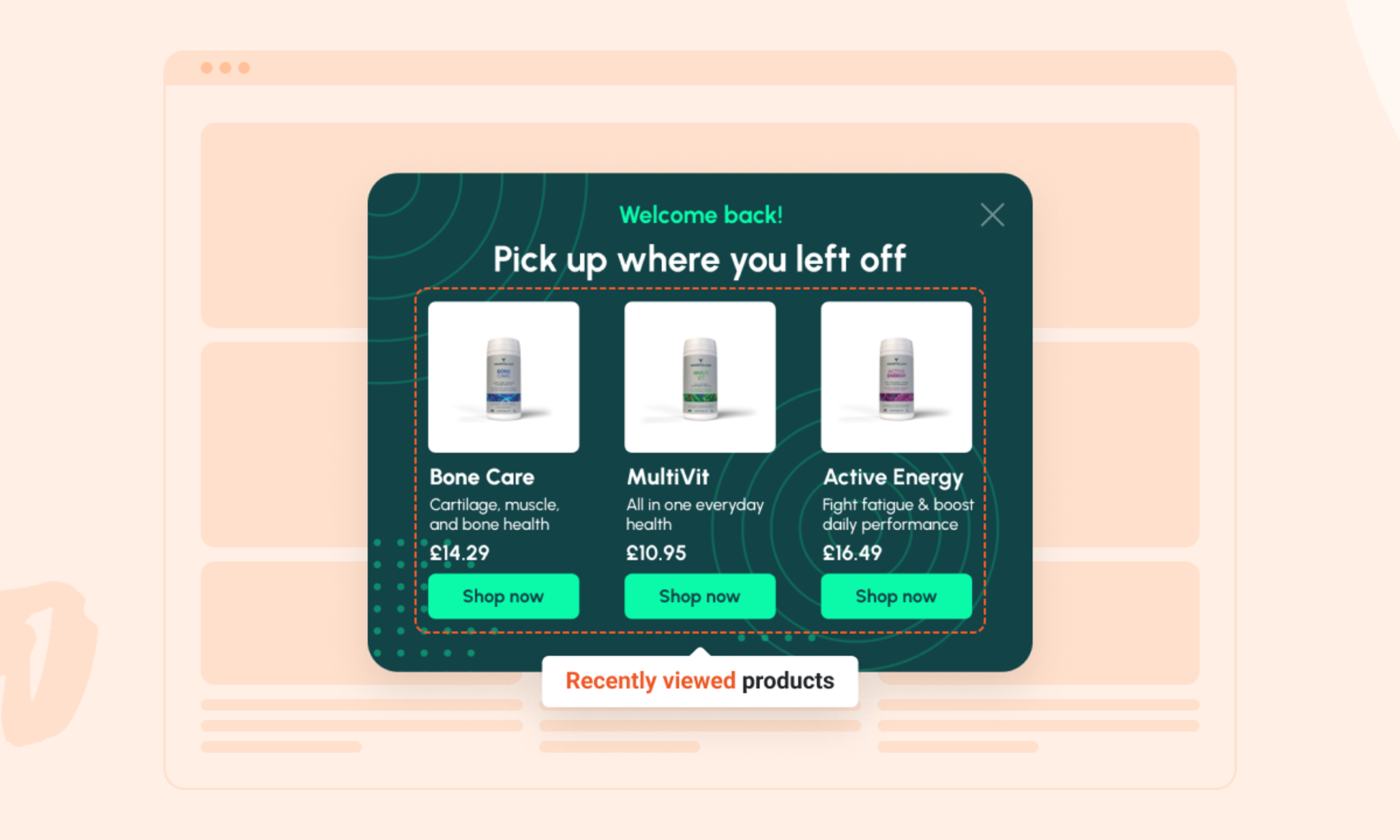 Welcome back popup with product recommendation based on user behavior