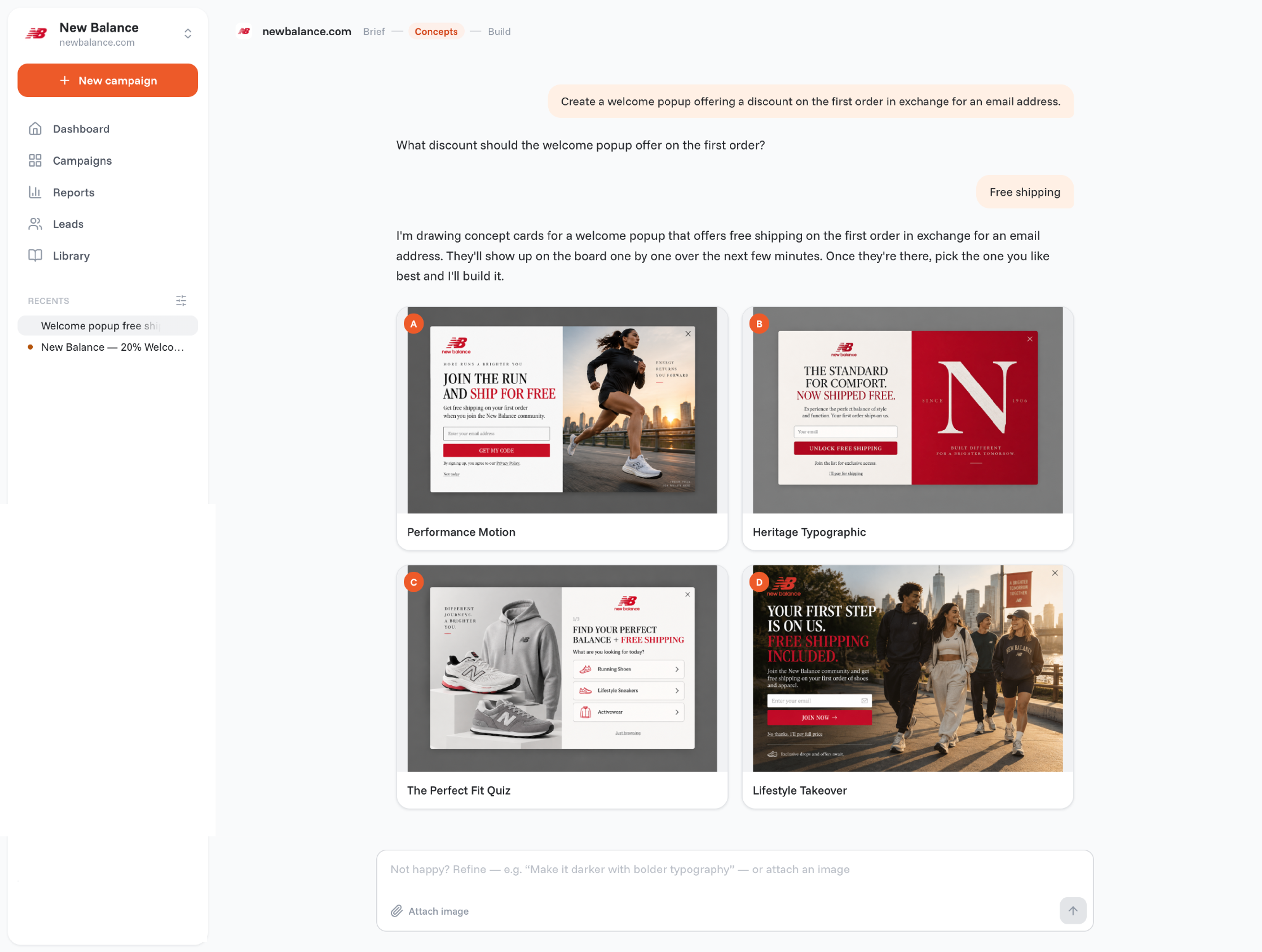 Four popup concepts drawn by the OptiMonk agent for a welcome offer