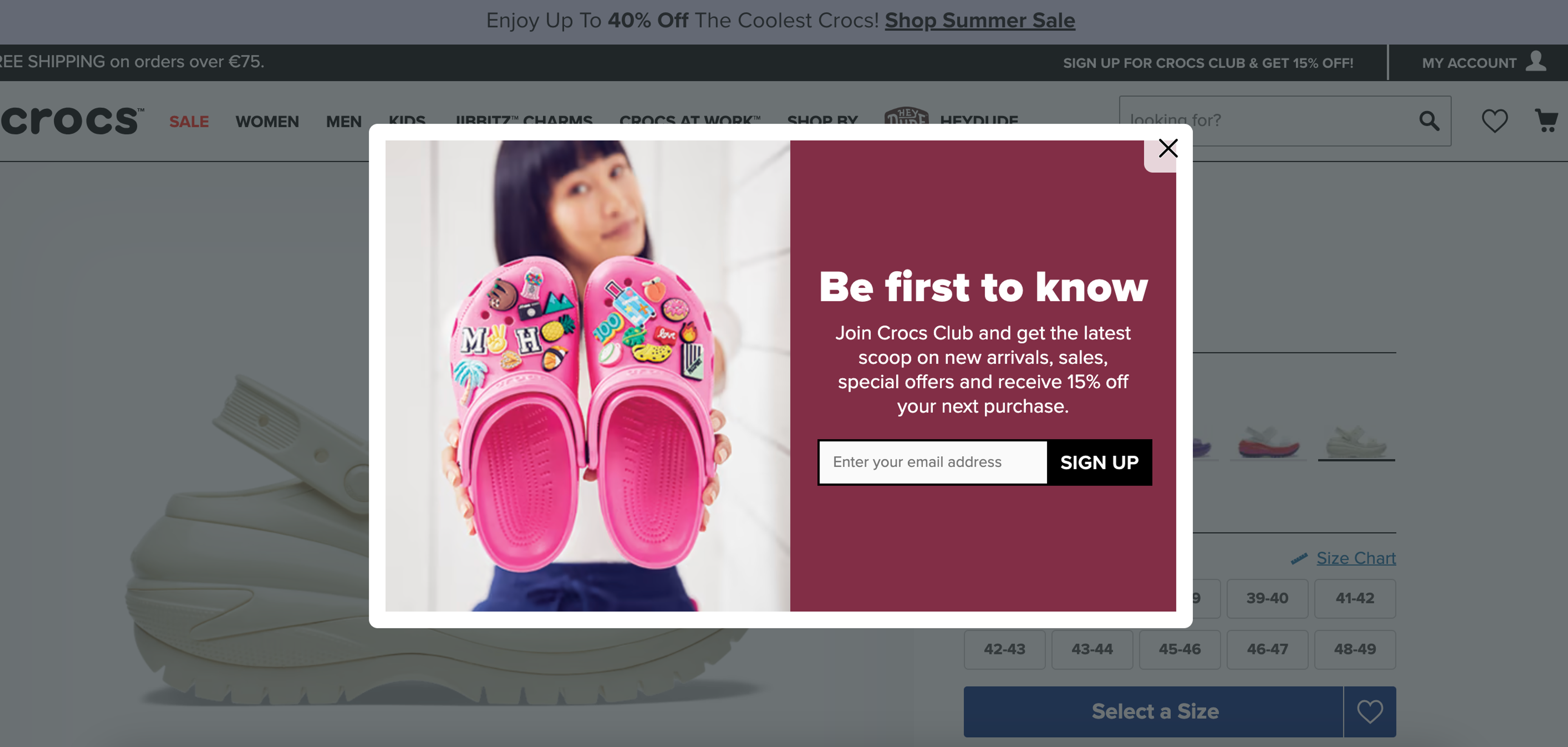 Crocs website pop-up example