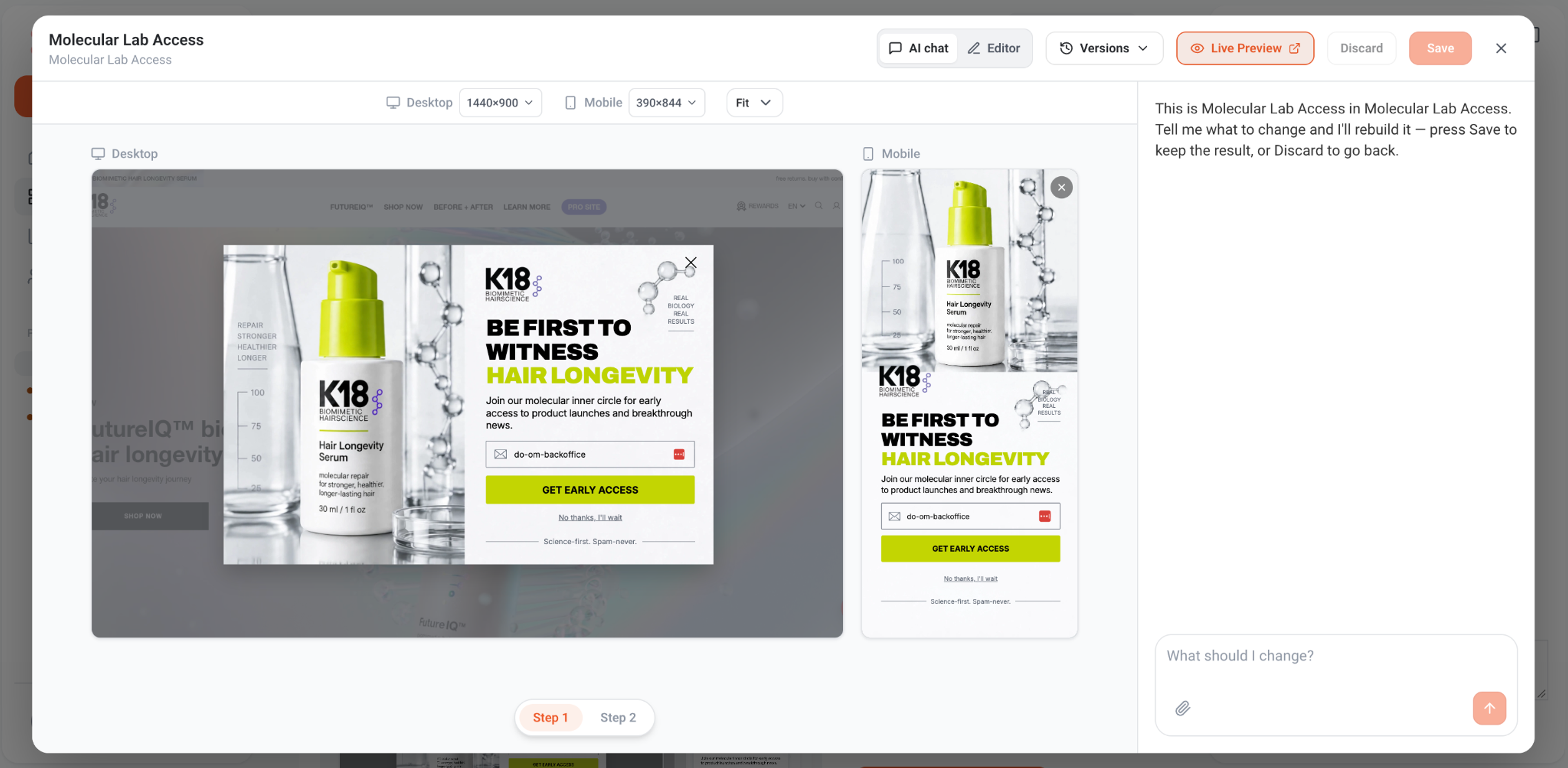 The chosen K18 lead capture popup in OptiMonk, with the desktop and mobile versions side by side