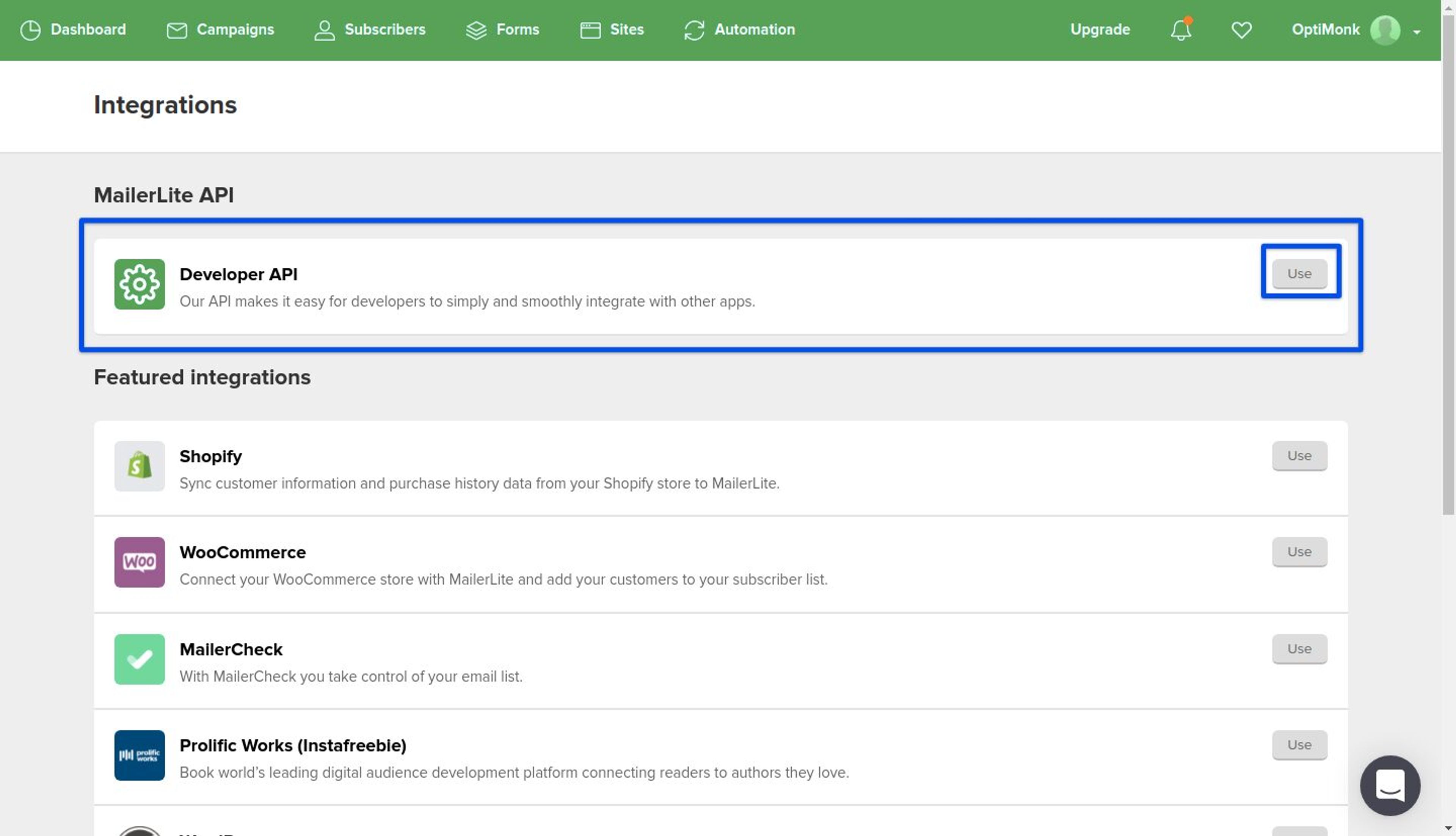 Click on Developer API.