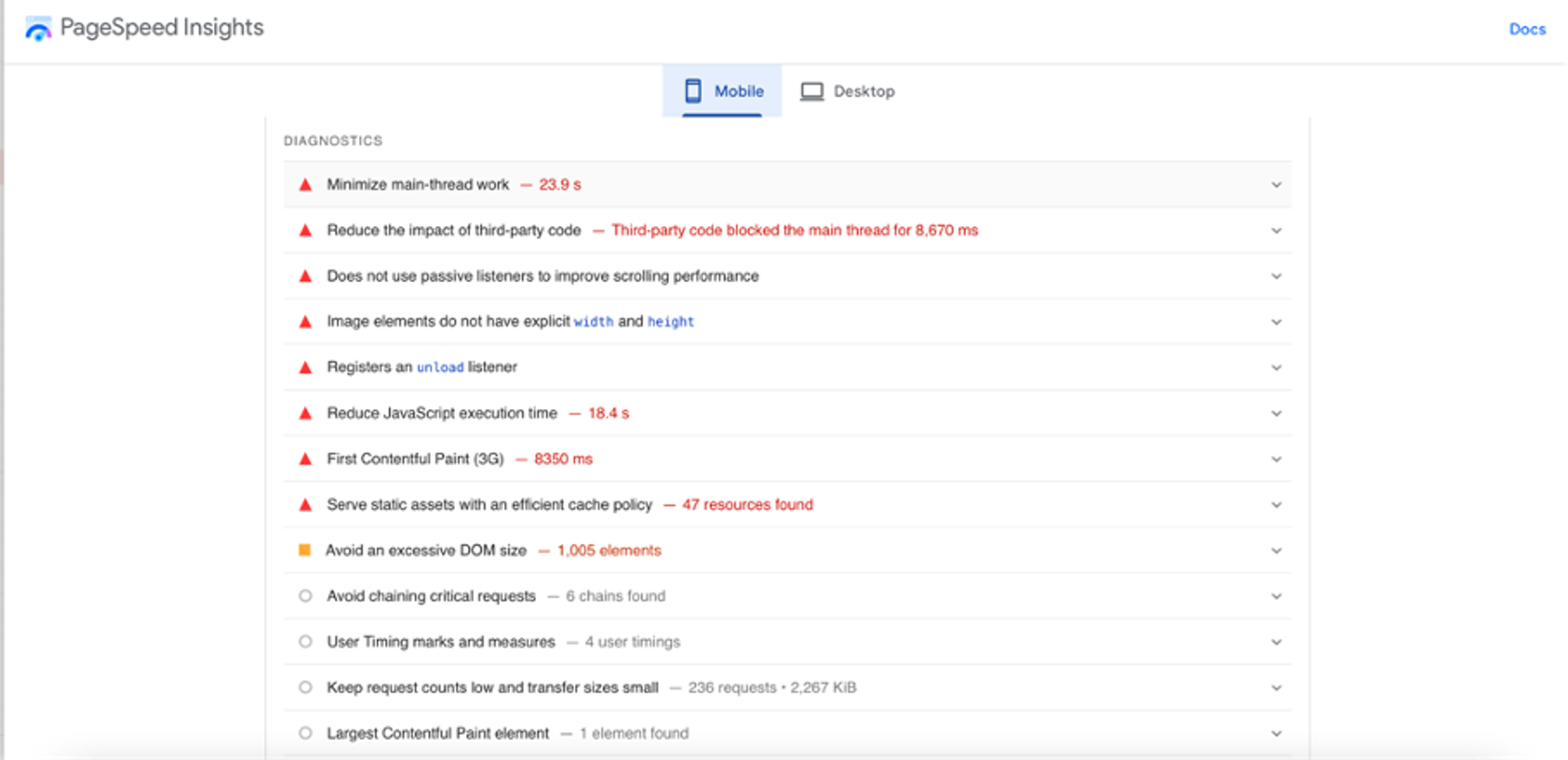 Google Page Speed Insights shows the load times