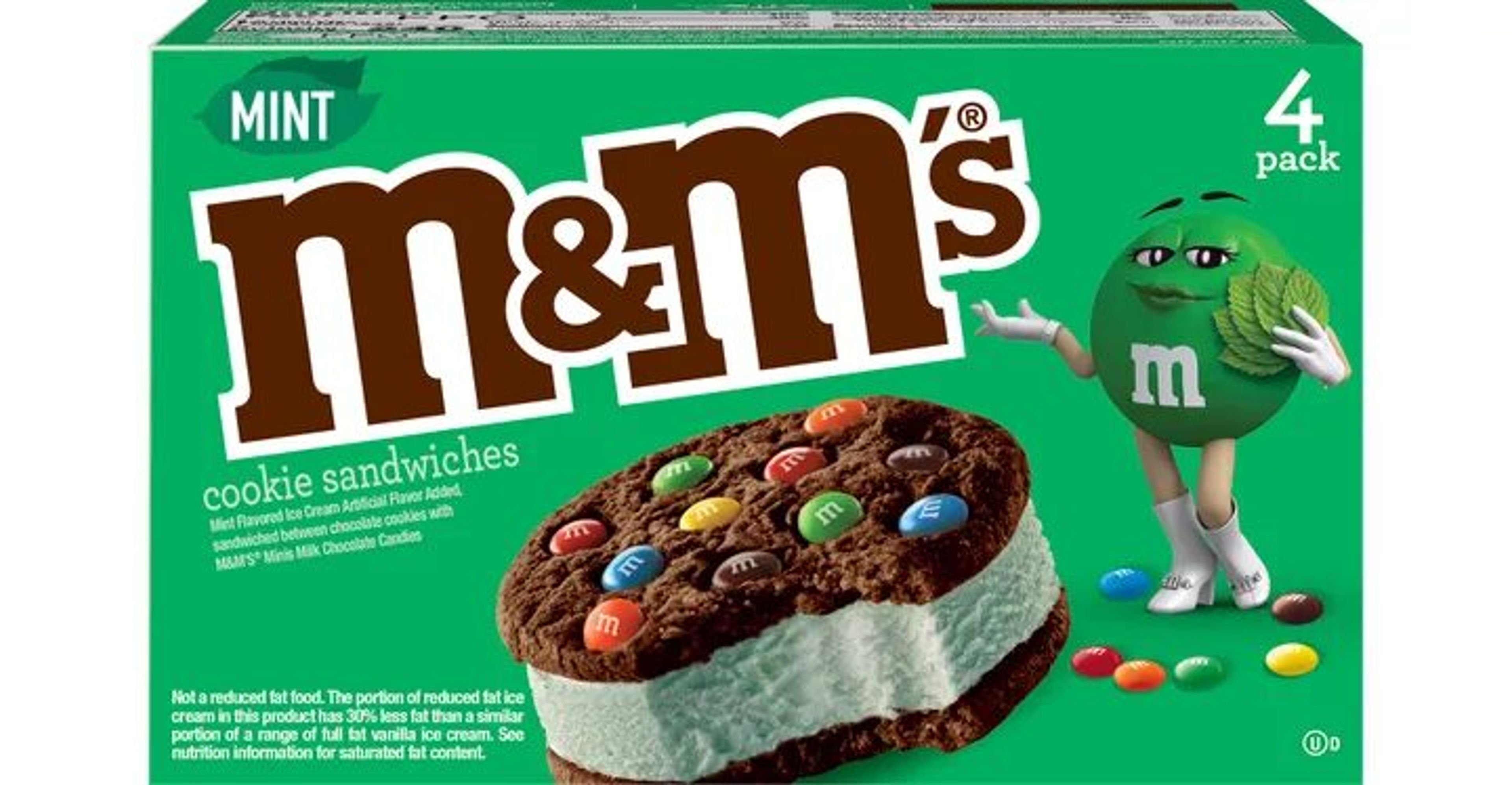 M&amp;M's took green merchandise to the next level, by having a green packaging for their mint cookie sandwich.