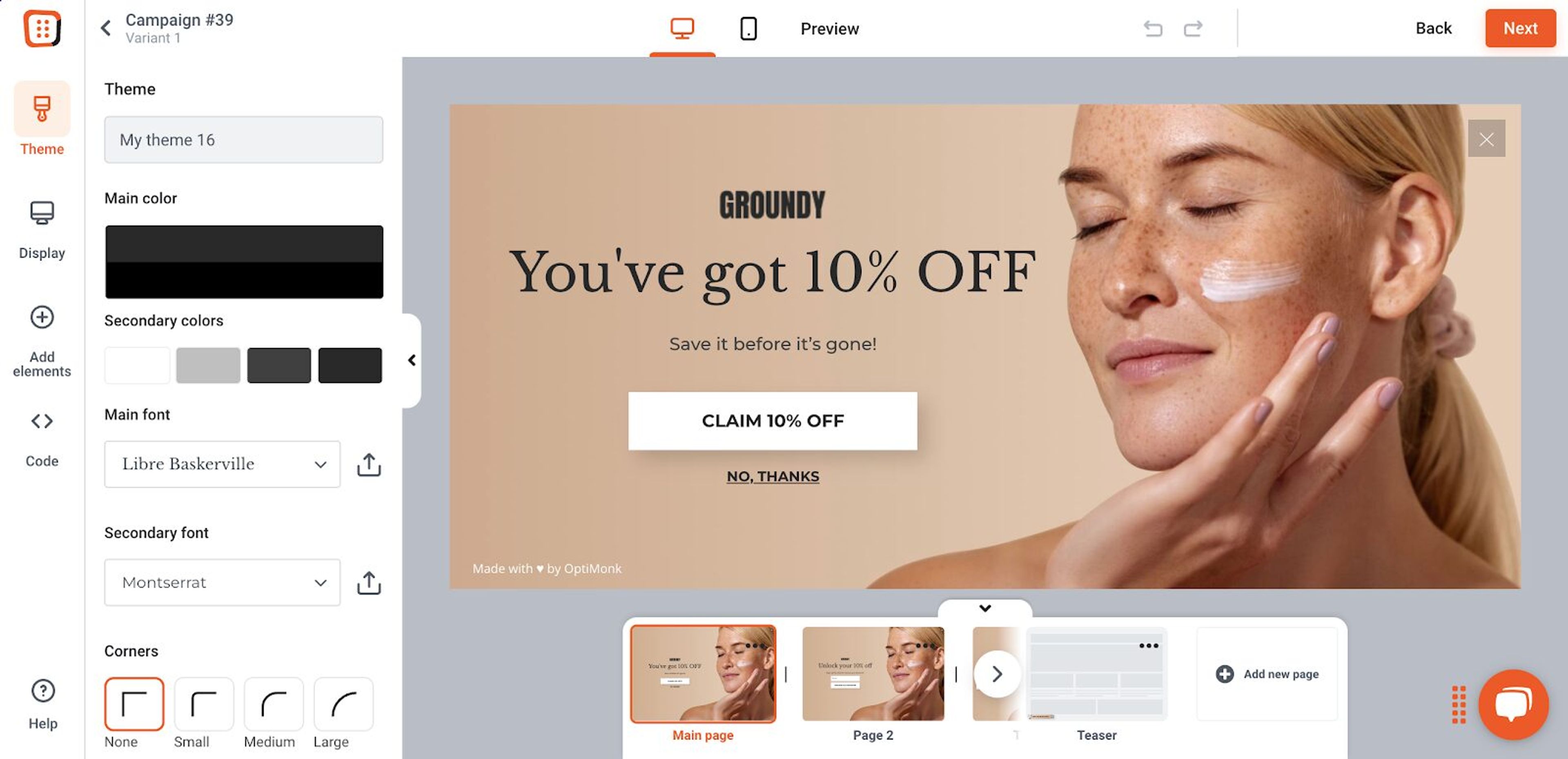 Build multi step forms in OptiMonk's drag and drop editor.