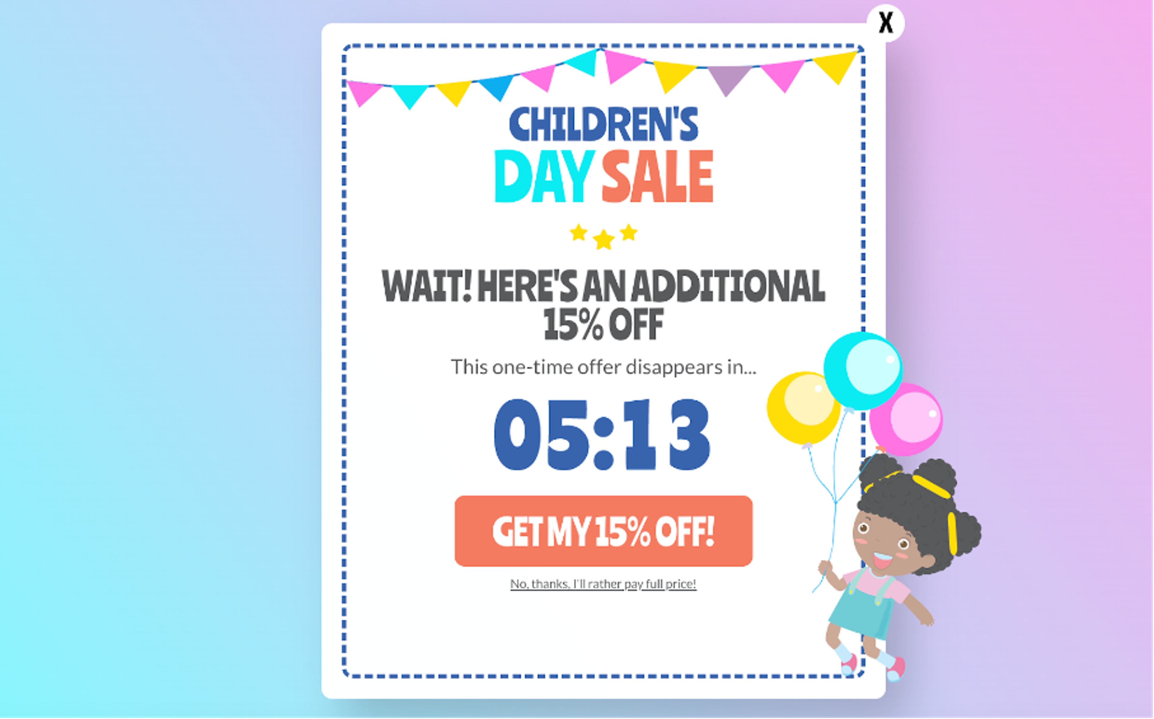 A Children’s Day cart abandonment popup from thestemkids.co