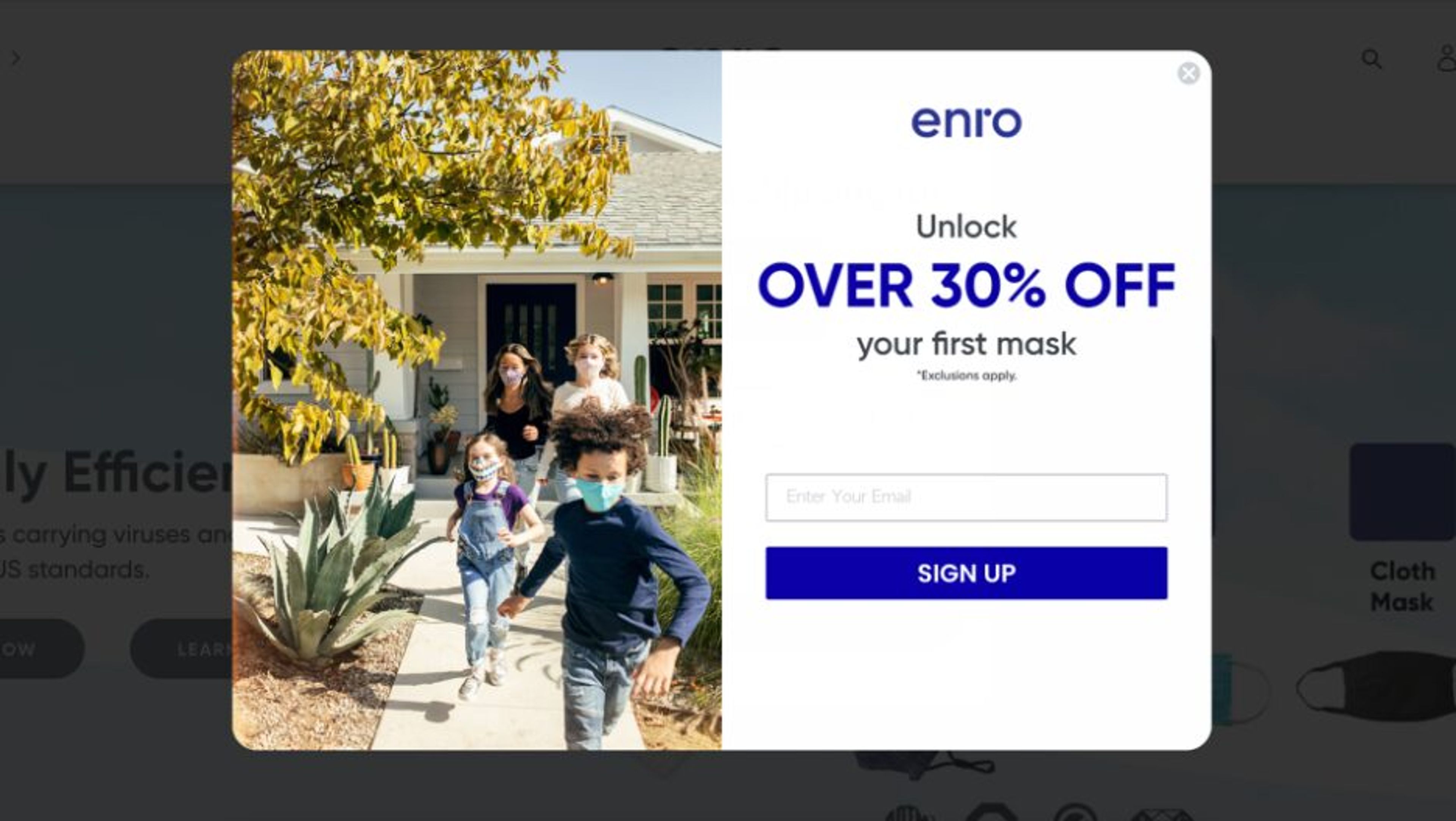 Enro's pop-up banner is simple, keeping the focus on the main offer