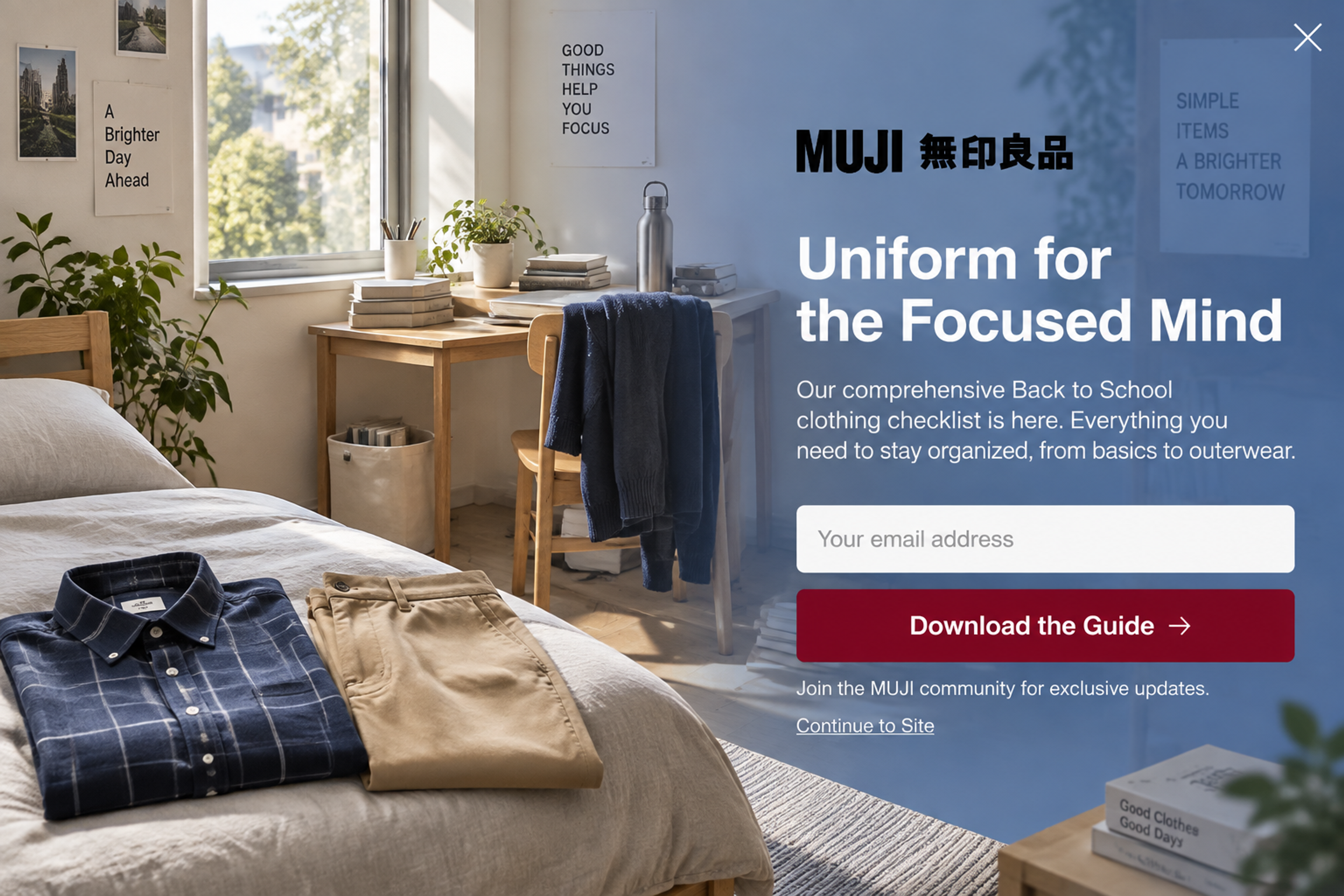 Fullscreen popup offering a back-to-school clothing checklist for an email