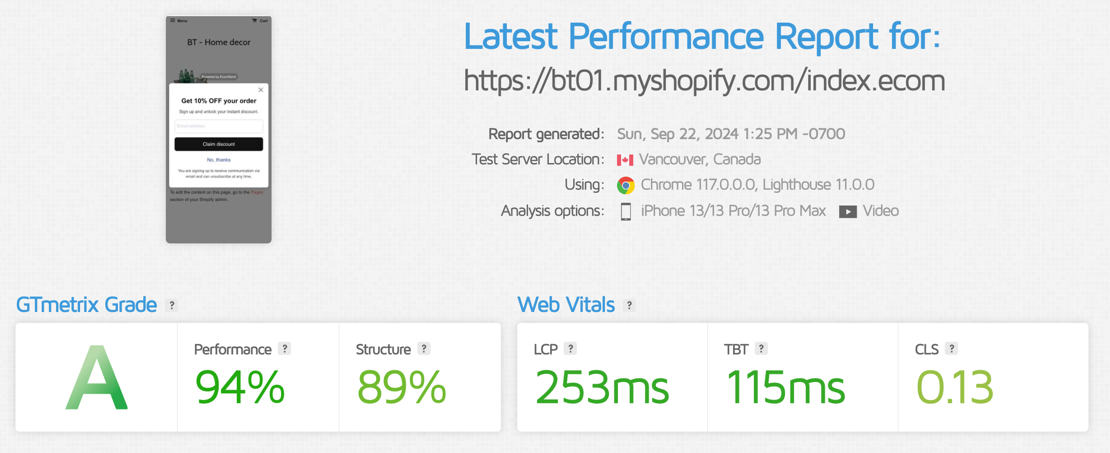 Ecomsend GTMetrix page speed results