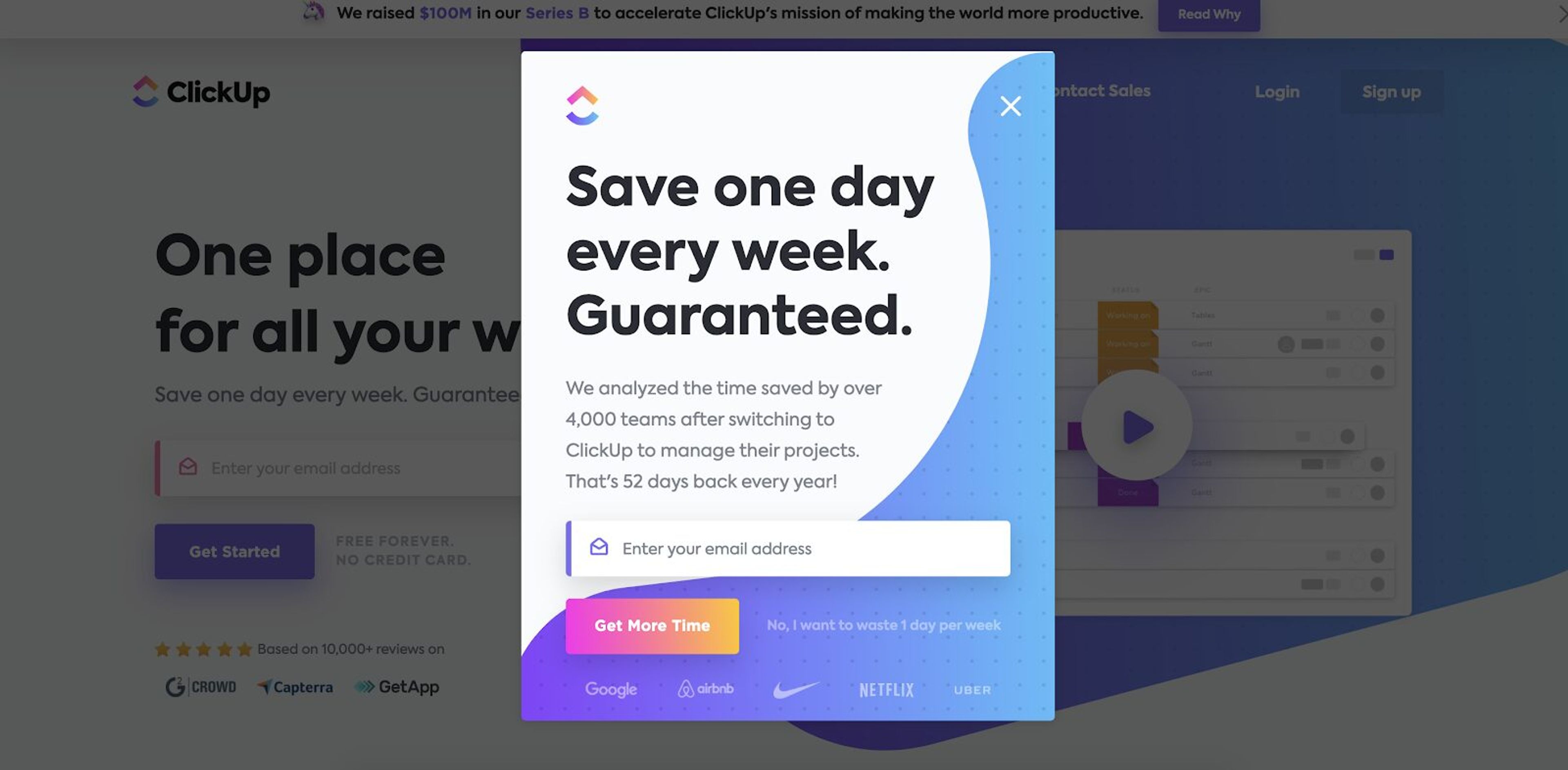 ClickUp's pop ups excels in onsite promotions, by showing their core value proposition.