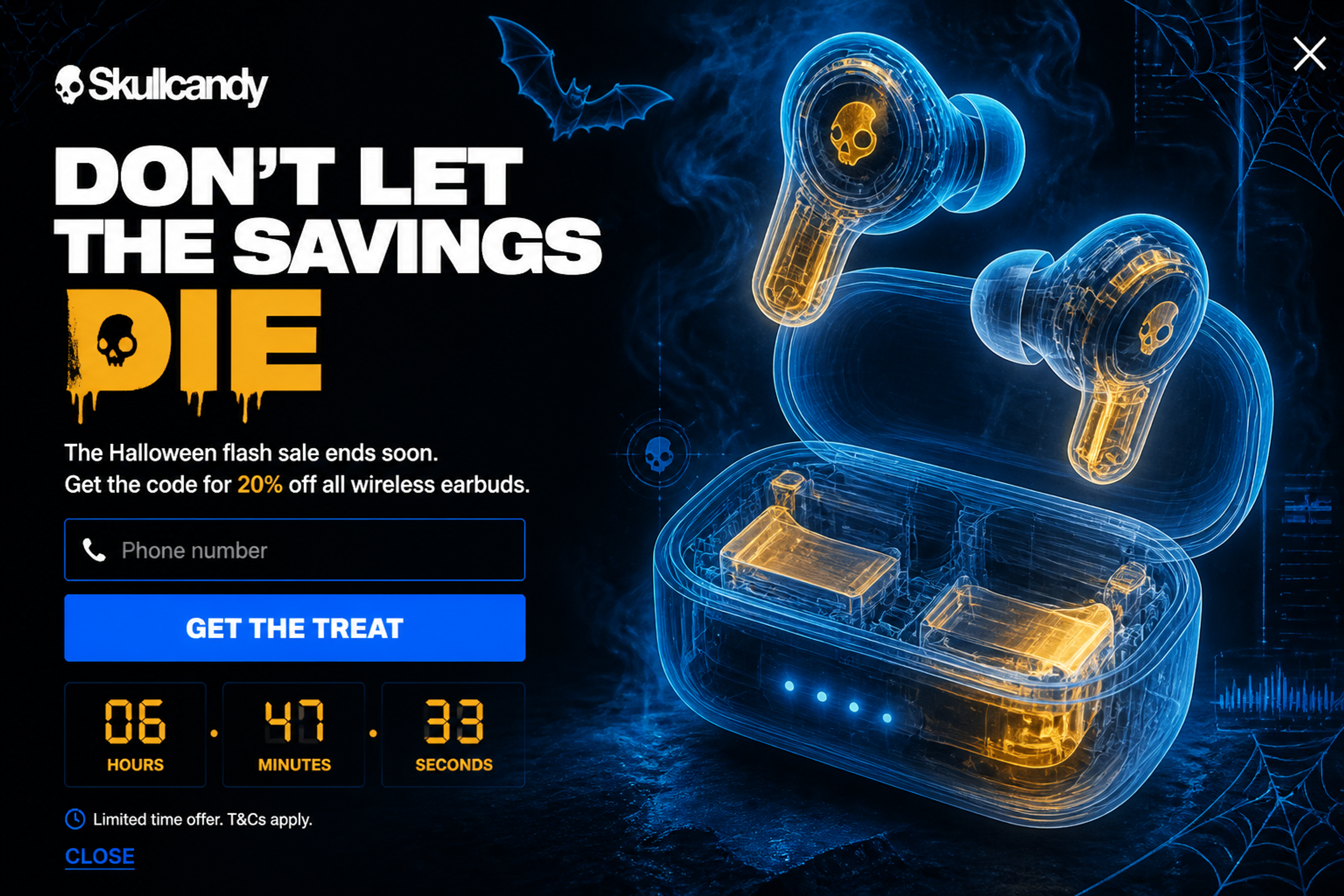 Fullscreen Halloween flash sale popup designed for Skullcandy with "Don't let the savings die" headline and 20% off