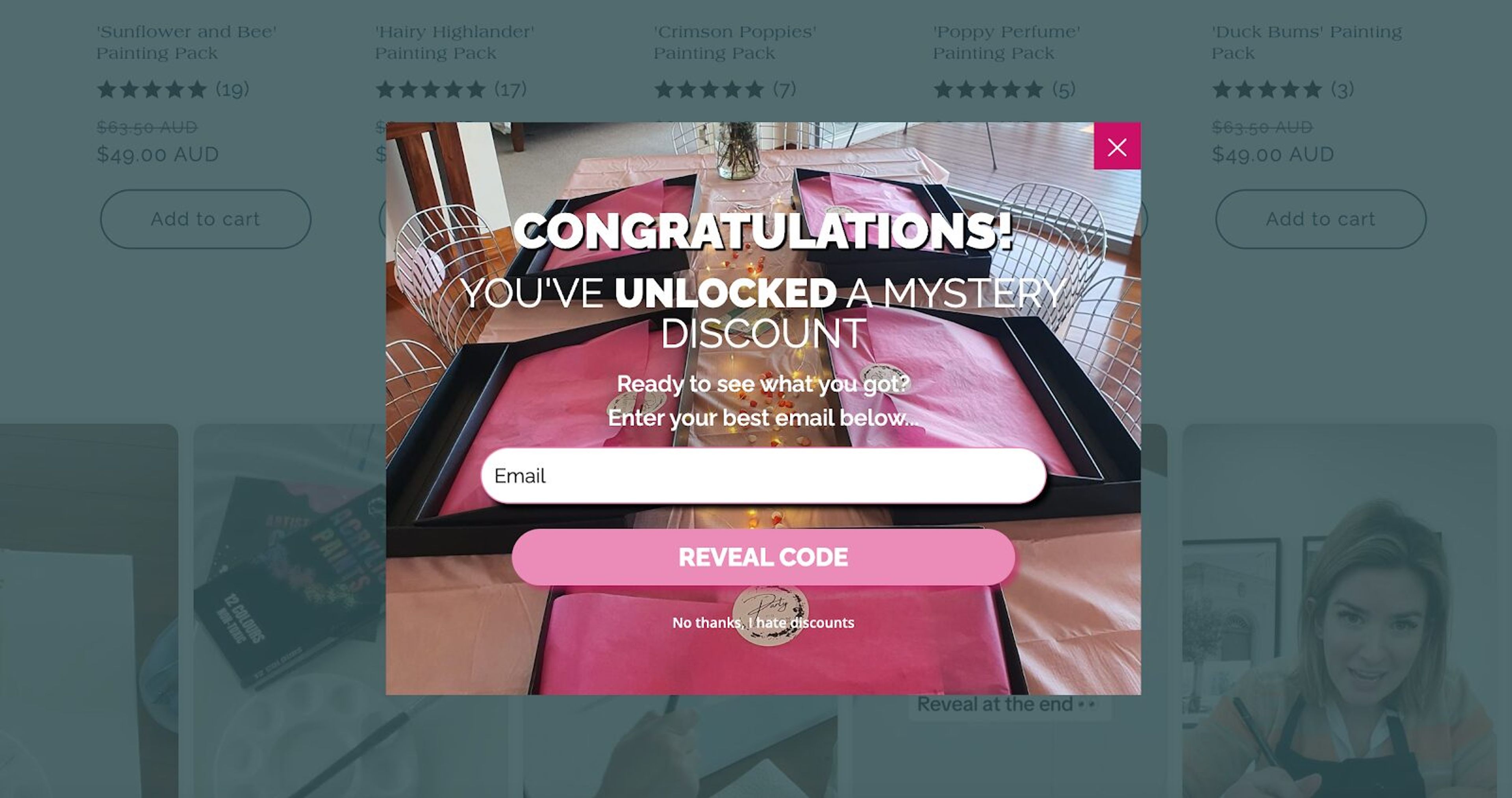 Party in a Paint Box's mystery discount form entices users with curiosity, encouraging lead submissions.