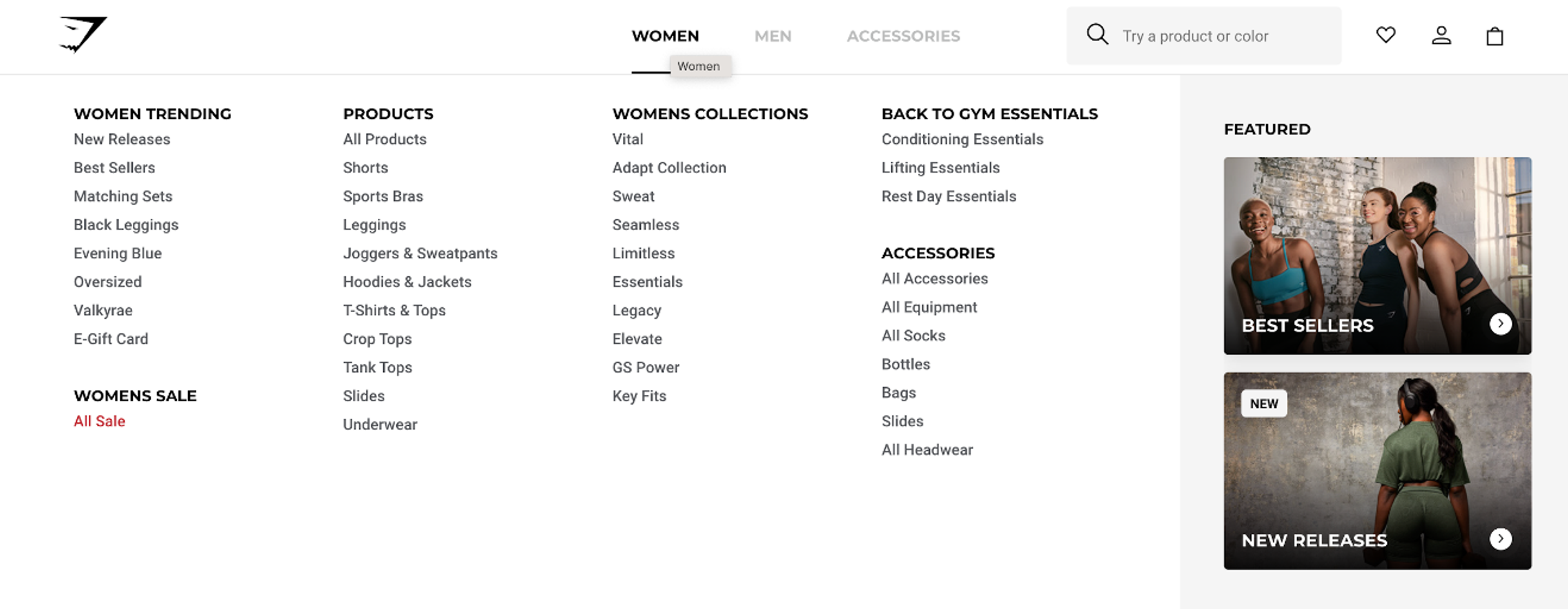 Gymshark horizontal category menu