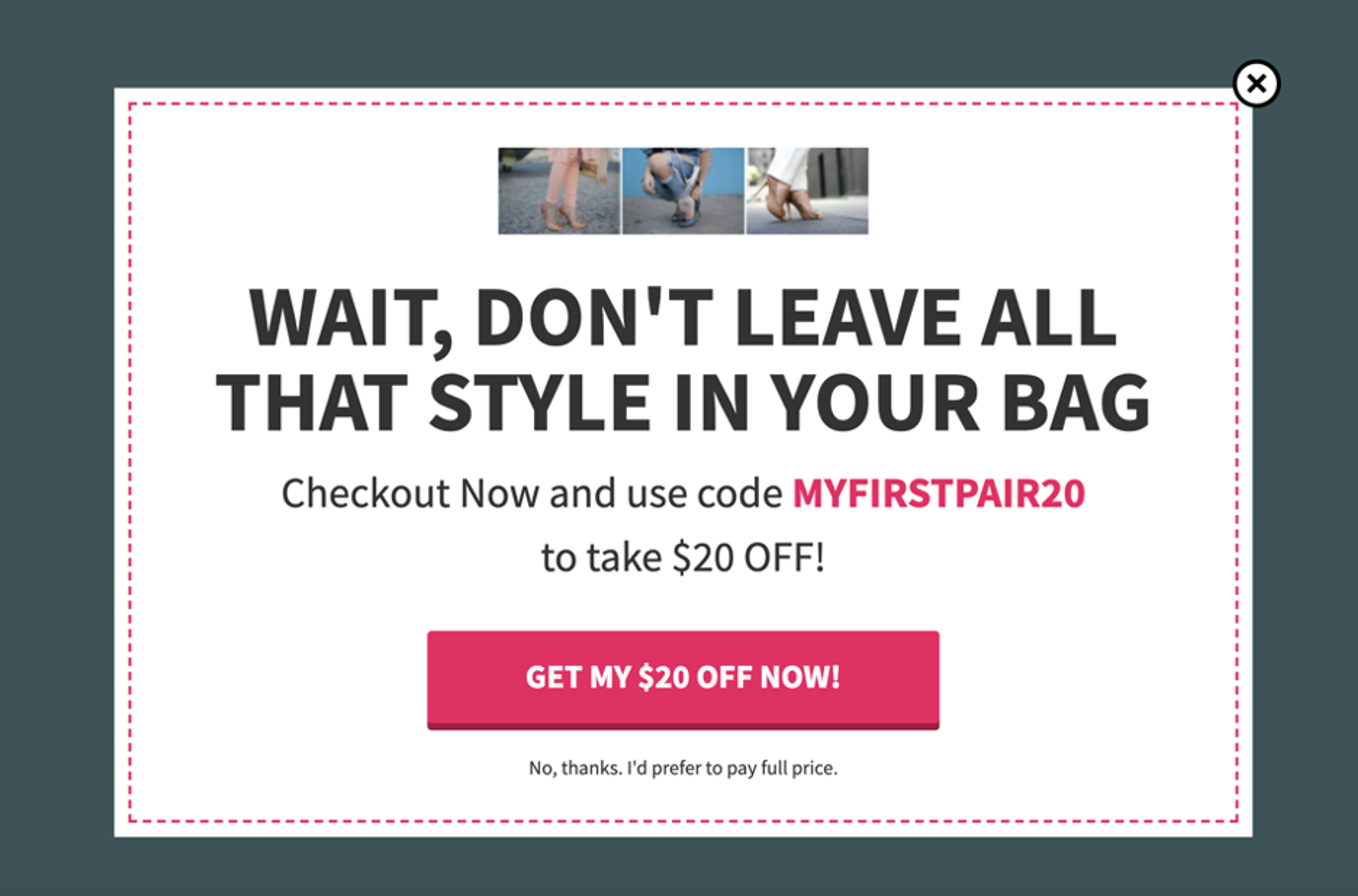 Exit-intent popup example from Scarlettos, with a great reminder message copy.