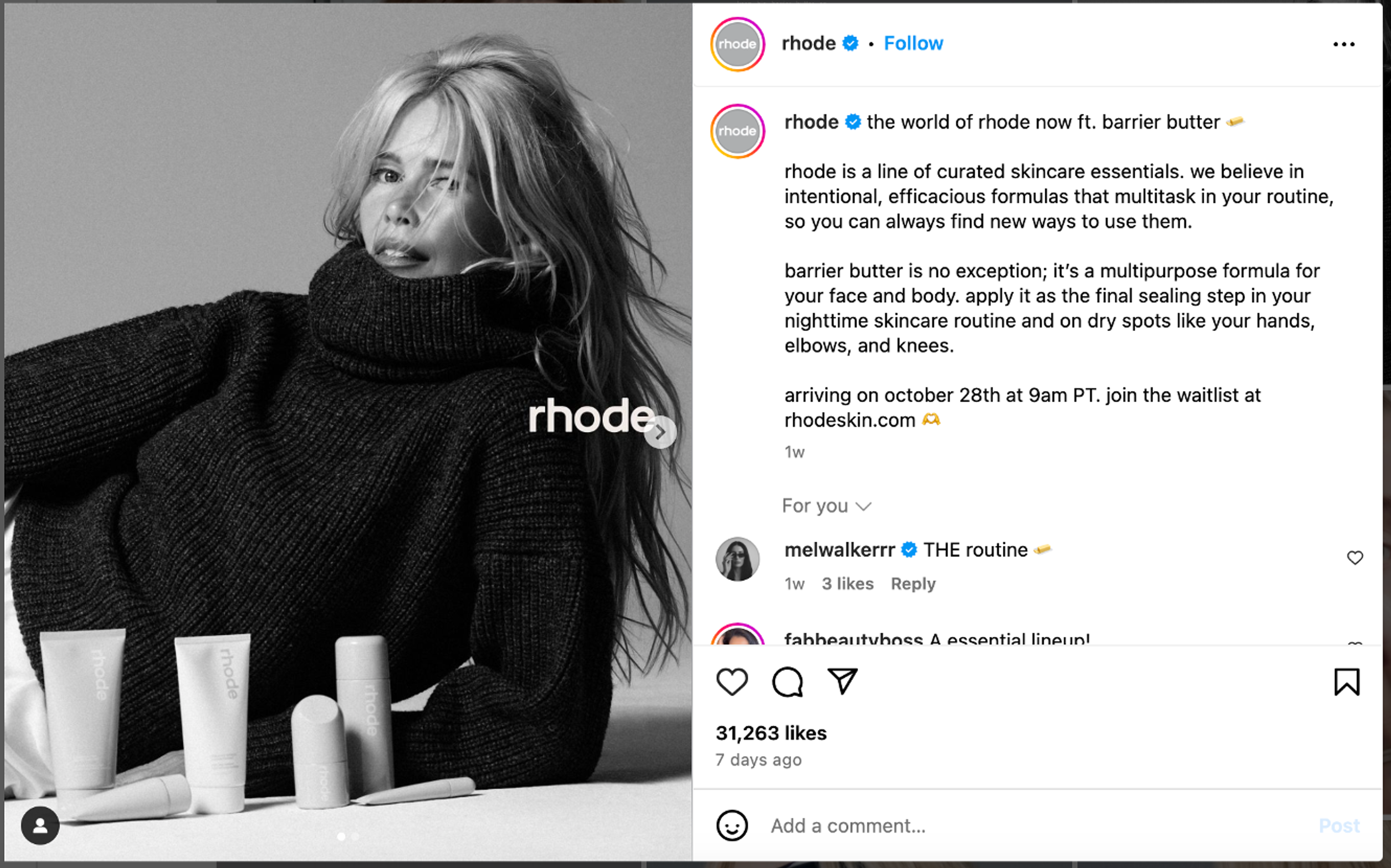 Rhode Barrier Butter collaboration promo on Instagram