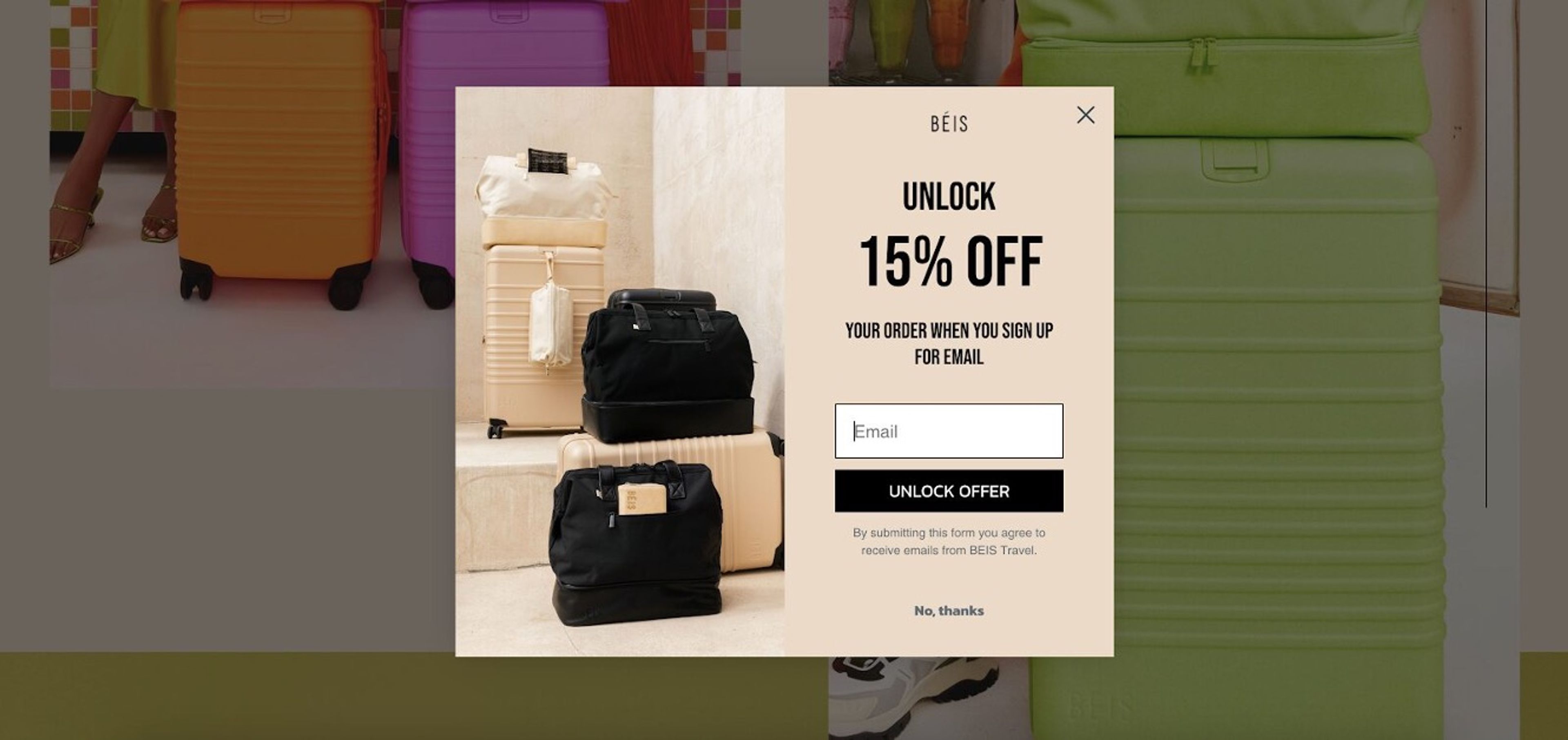 Beis Travel popup example to improve website performance