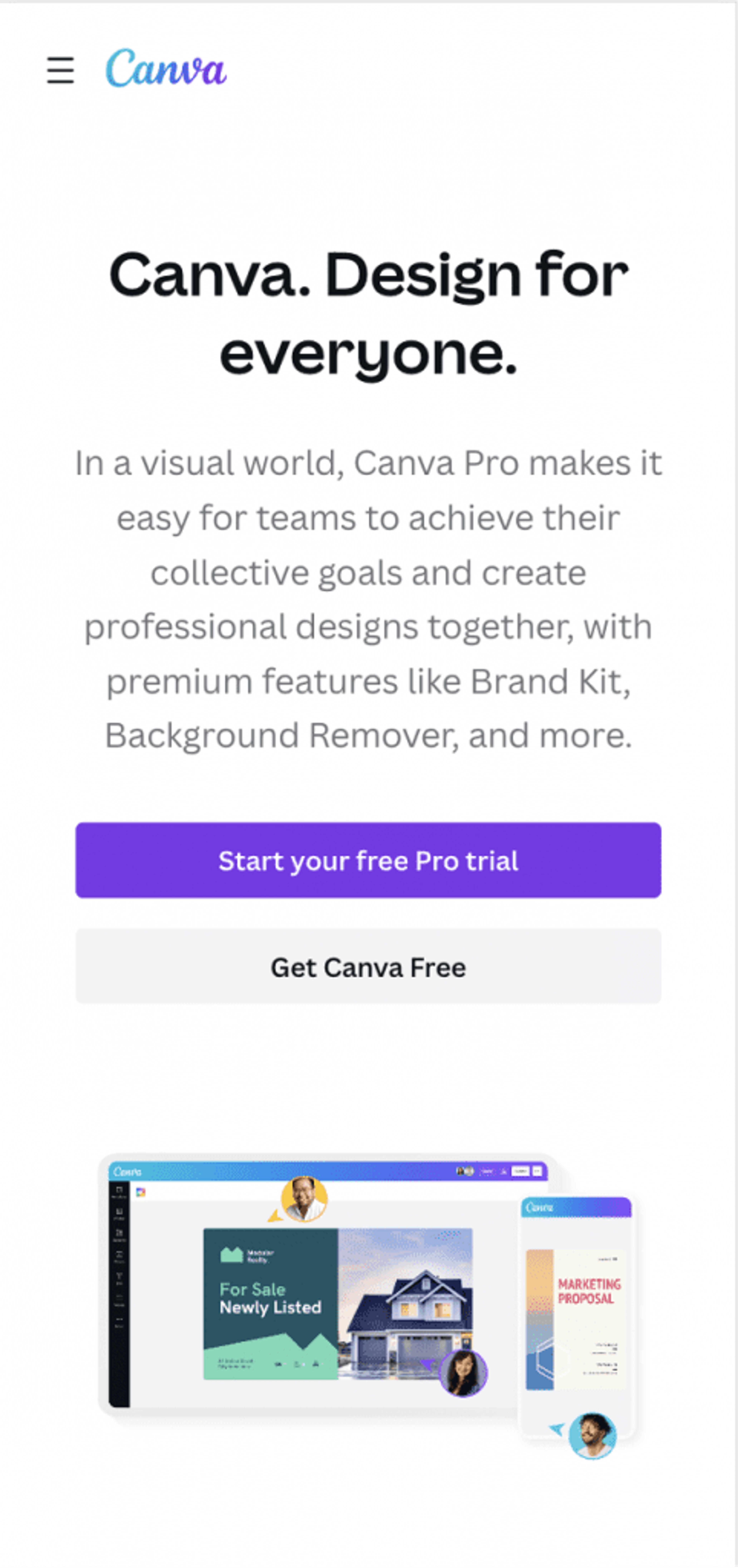 Canva mobile landing page