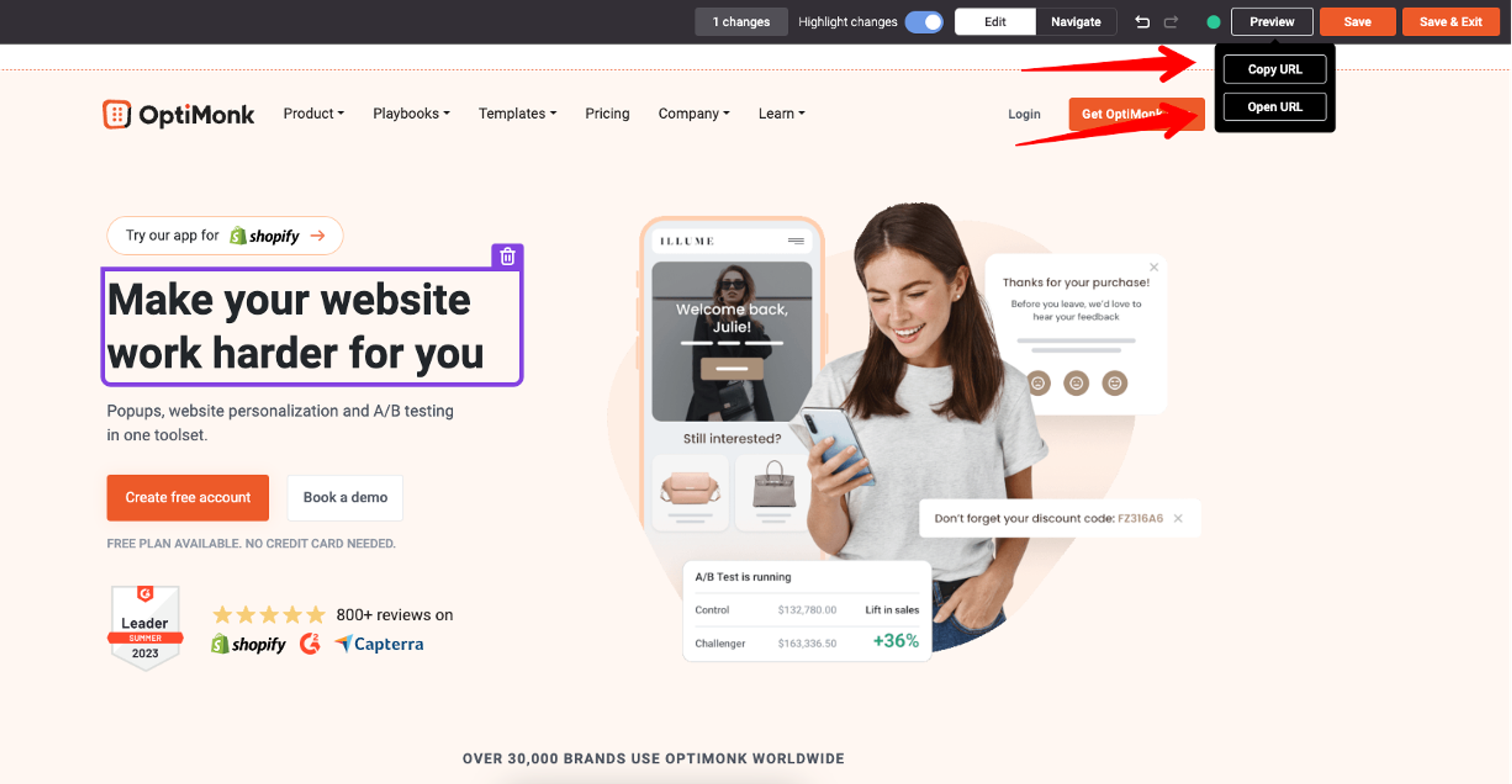 OptiMonk Smart A/B testing preview
