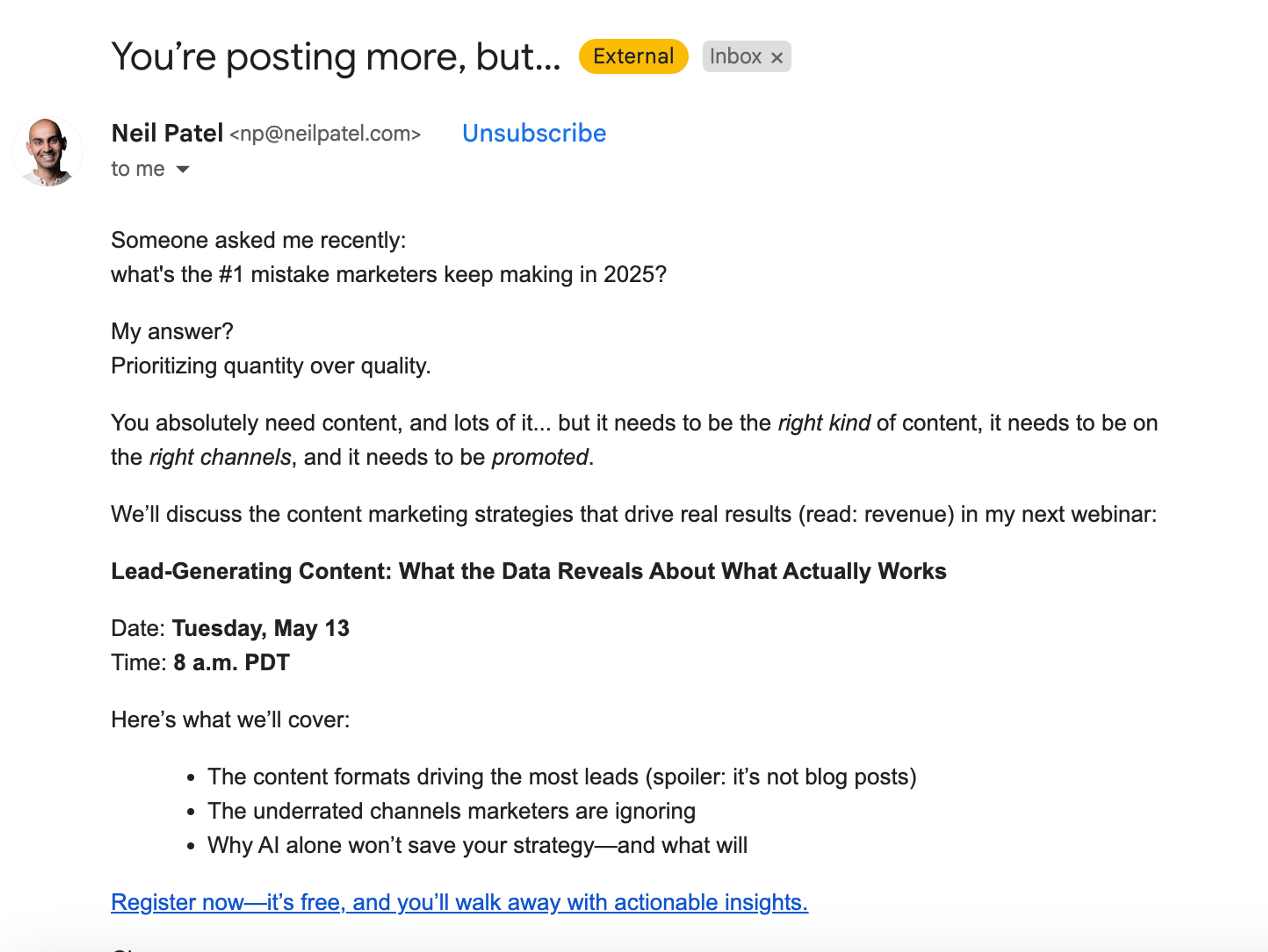 Plain-text email campaign example from Neil Patel