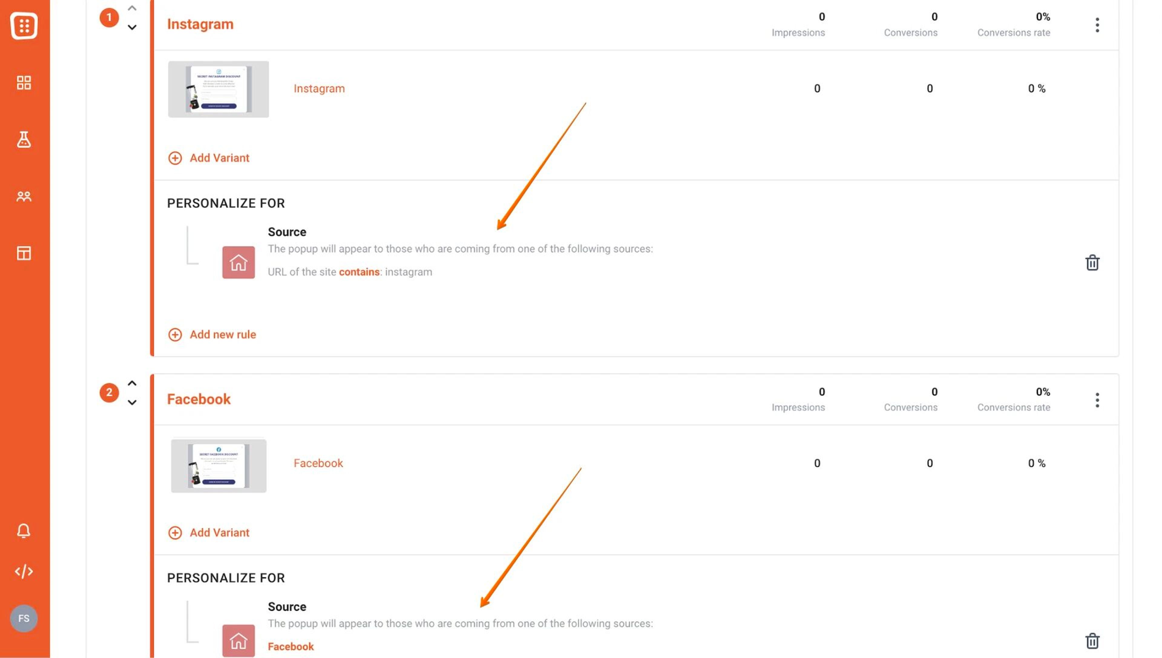 Personalize popup based on traffic source settings