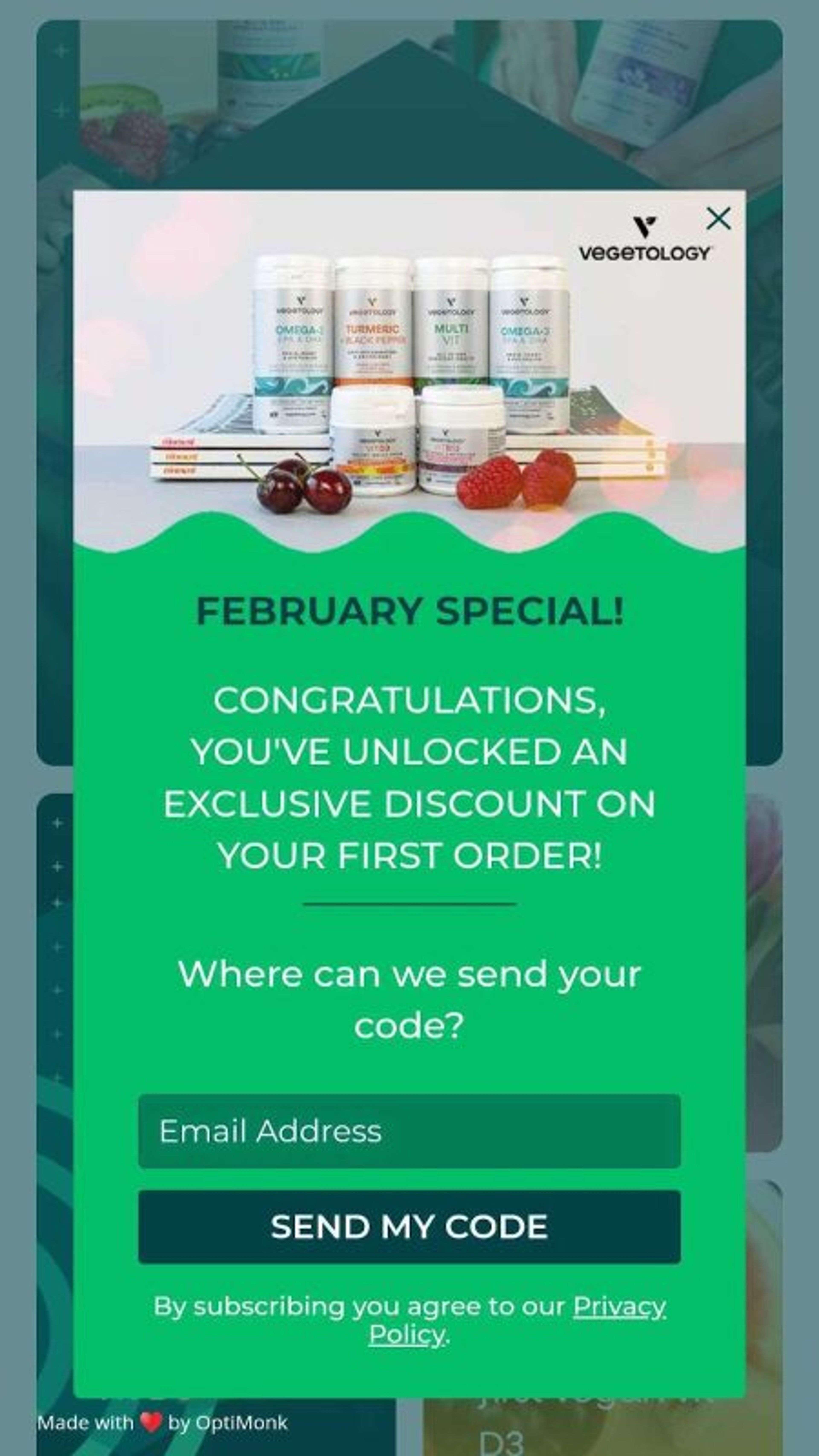 Vegetology's full screen mobile popup