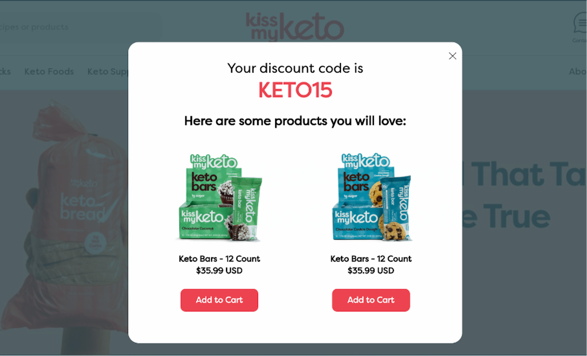 The third page of a Kiss My Keto conversational popup