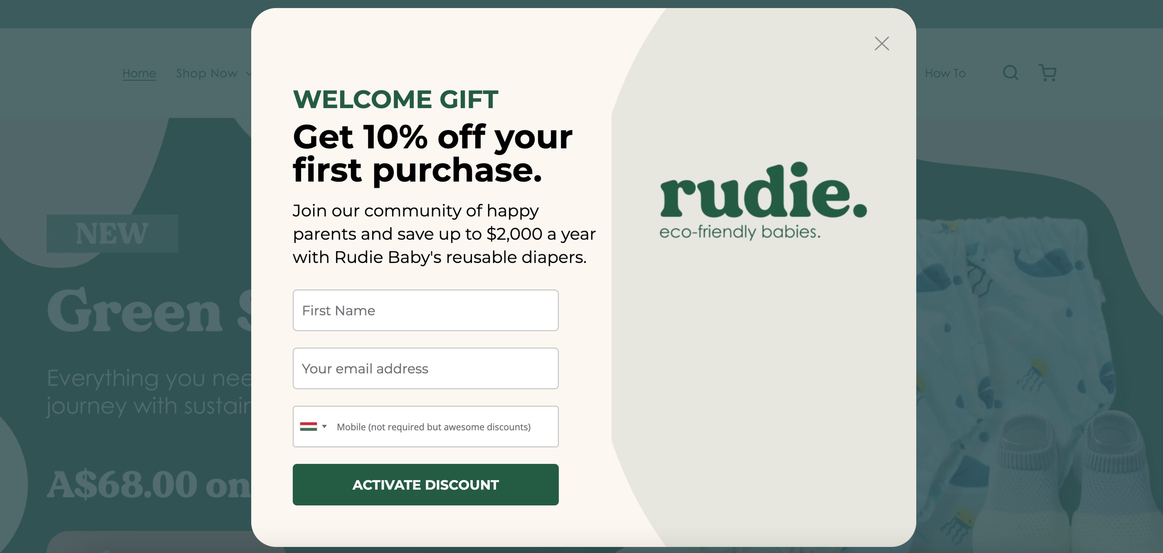 Rudie, the online business that offers eco-friendly diapers offers a 10% off welcome coupon.