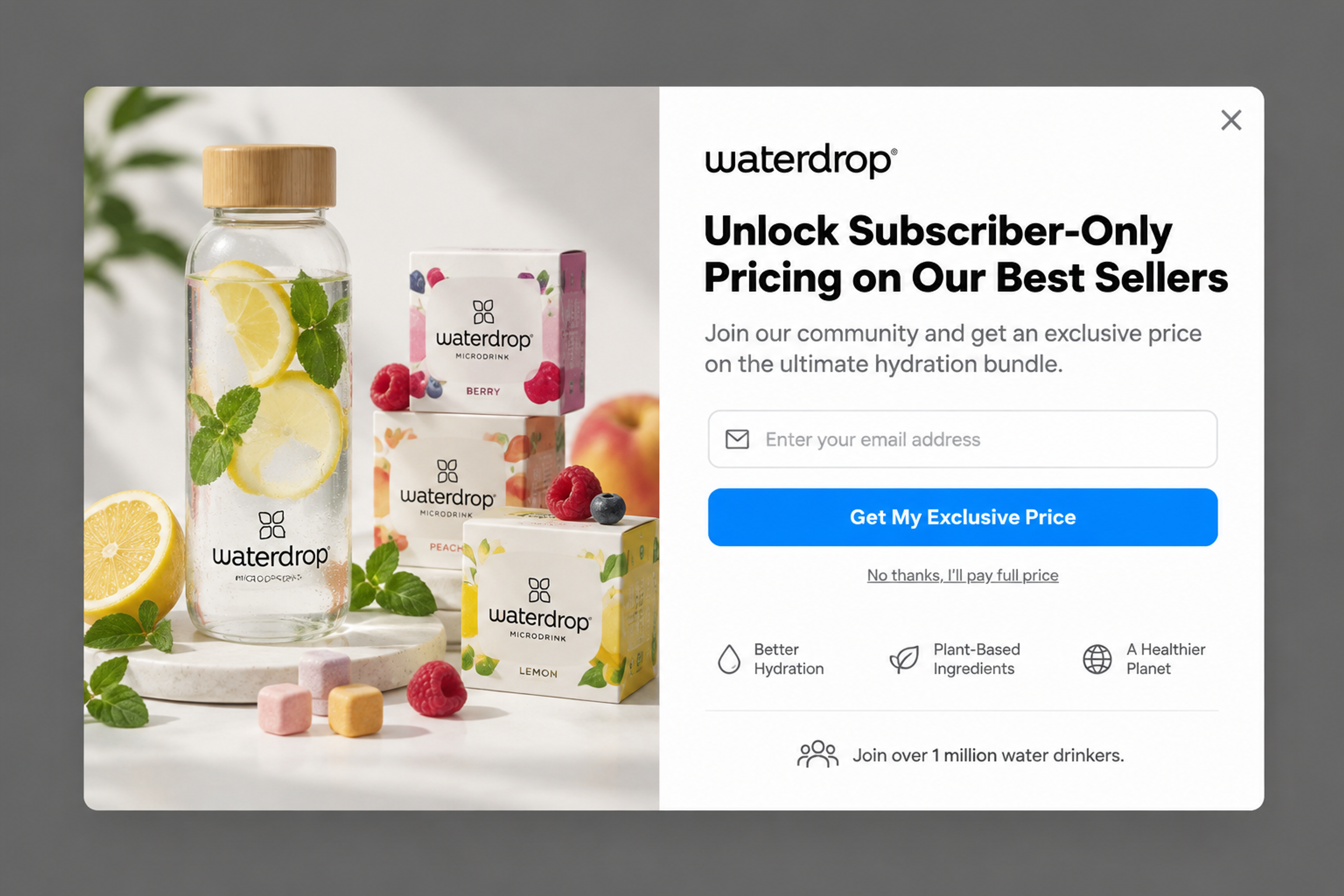 Popup offering a subscriber-only price on a best-selling hydration bundle, bottle and drink cubes