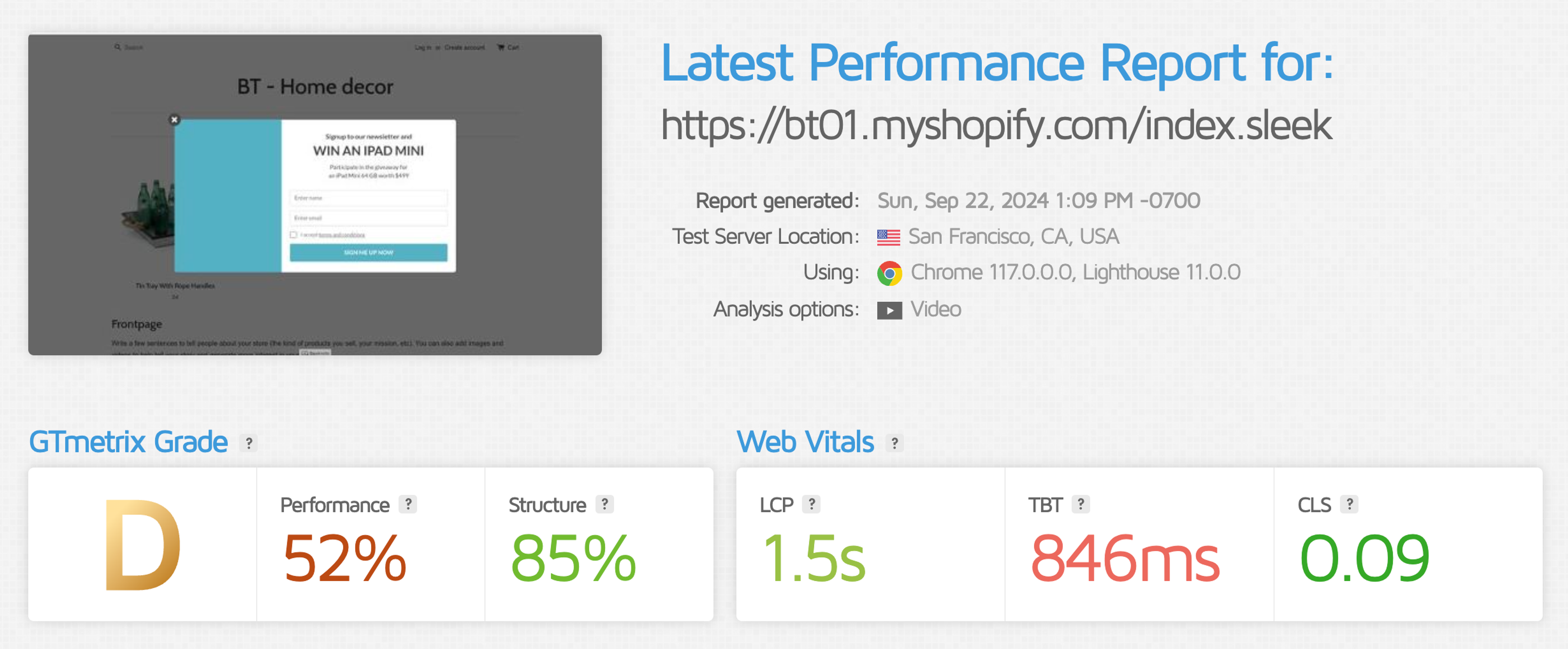 Sleeknote GTMetrix page speed results