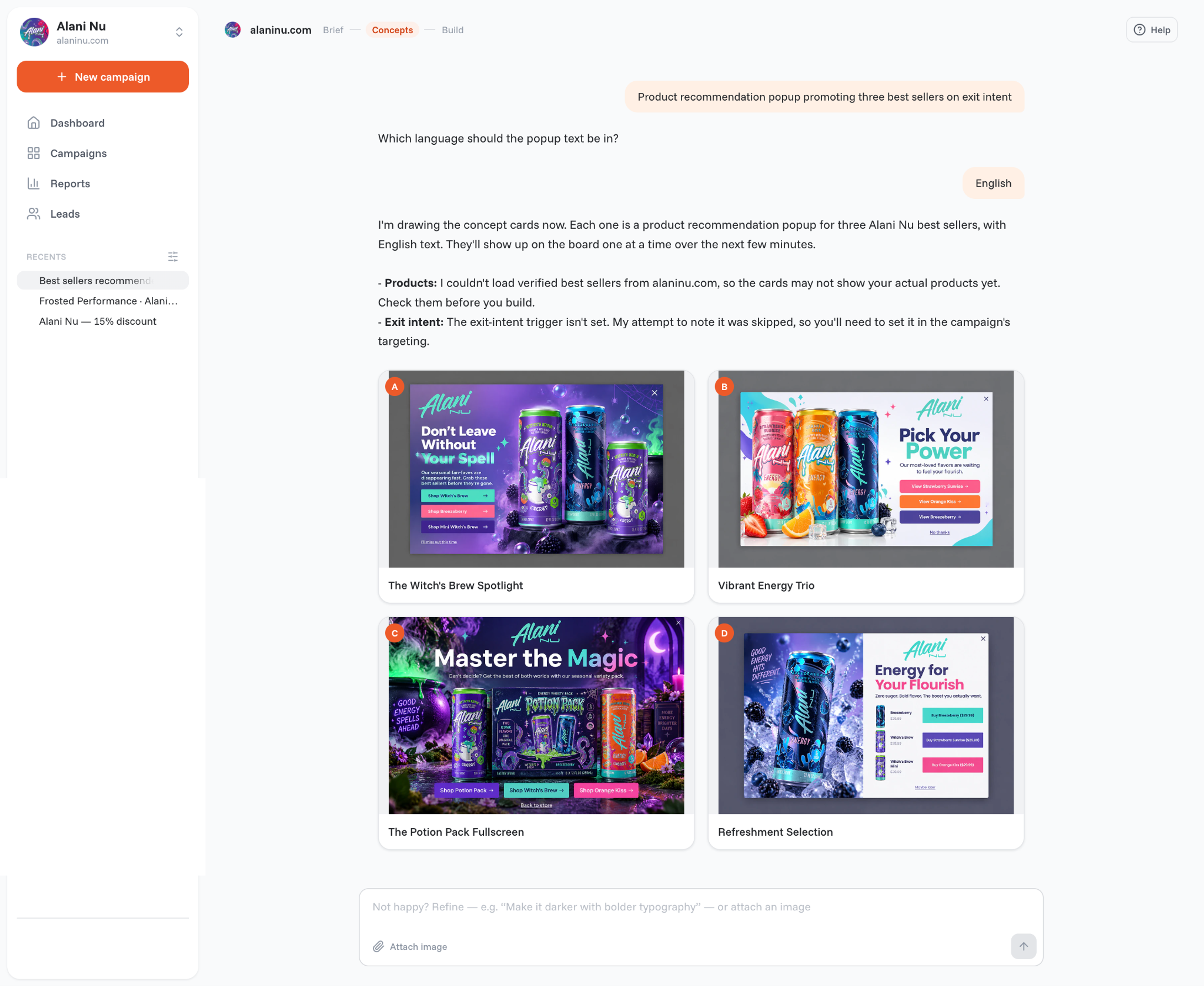 The OptiMonk agent showing four product recommendation popup concepts for Alani Nu from a one-sentence prompt