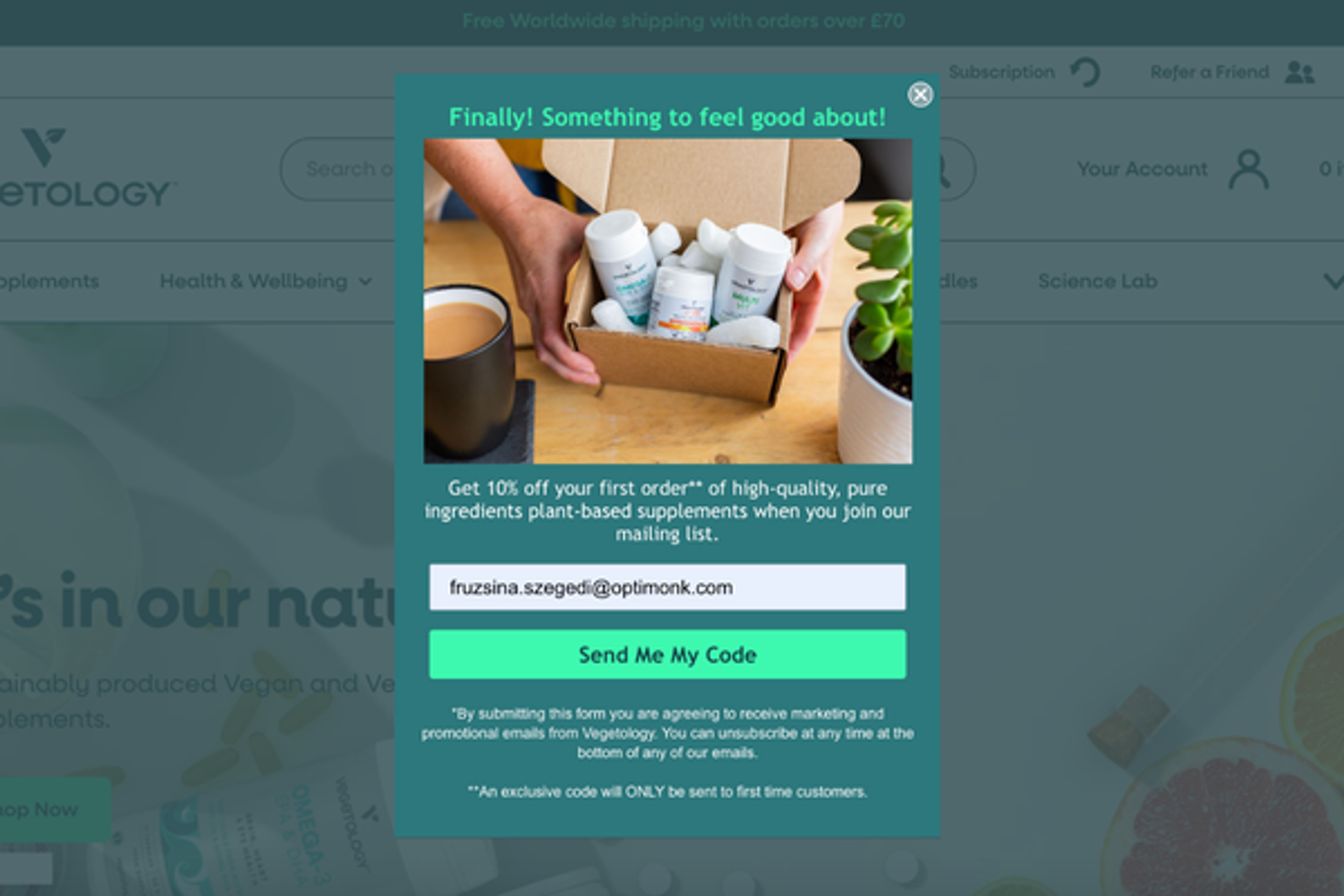 Vegetology using a free popup tool for discount codes.
