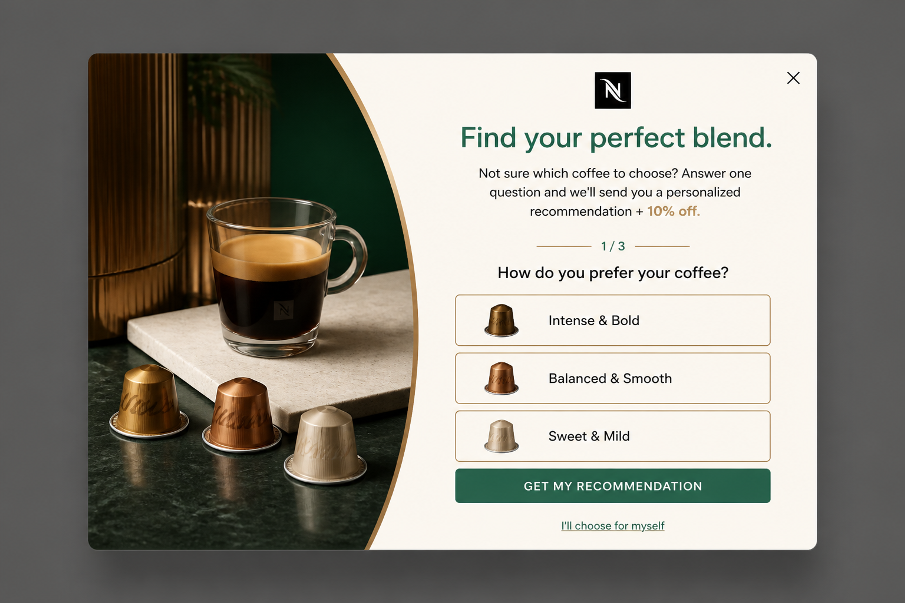 Quiz popup asking how you prefer your coffee, with three answer options and a 10% off reward