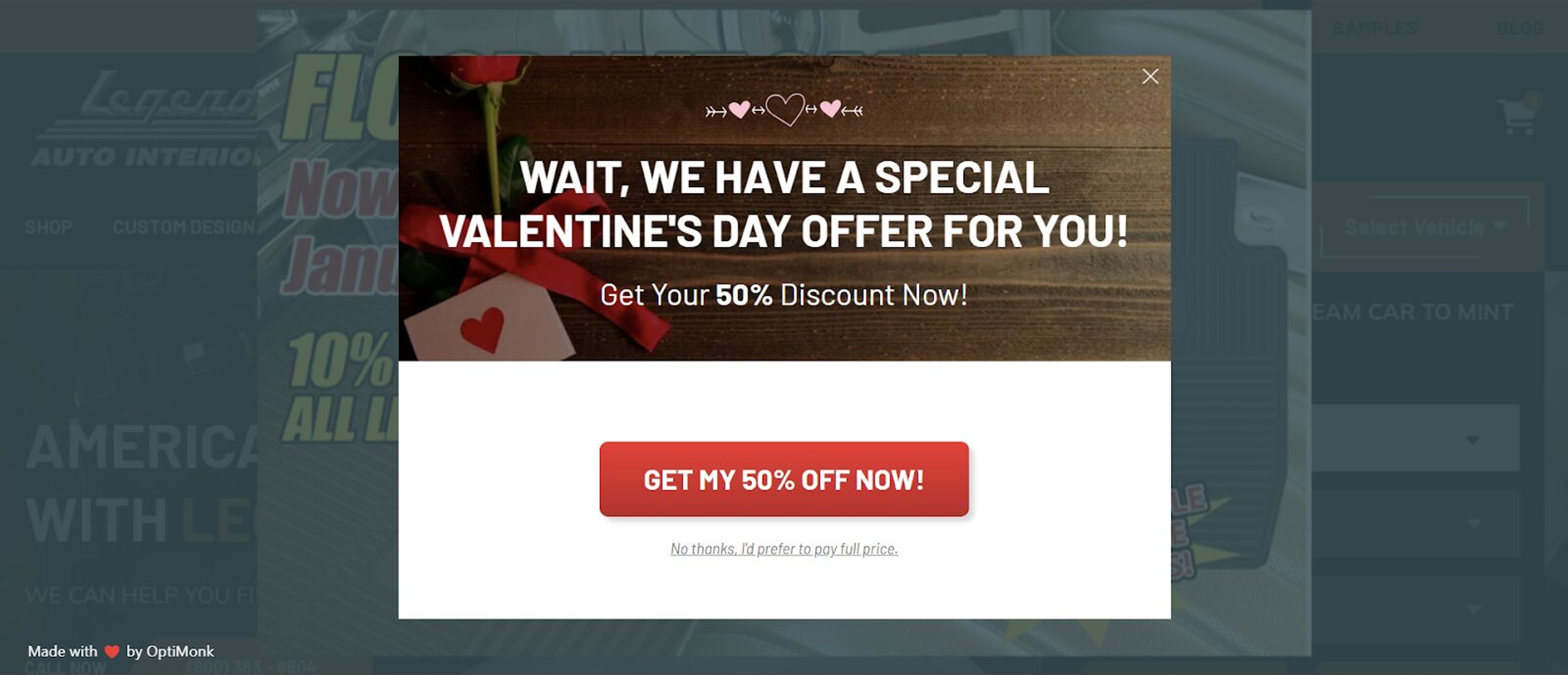 Save site abandoners exit intent Valentine's day popups.