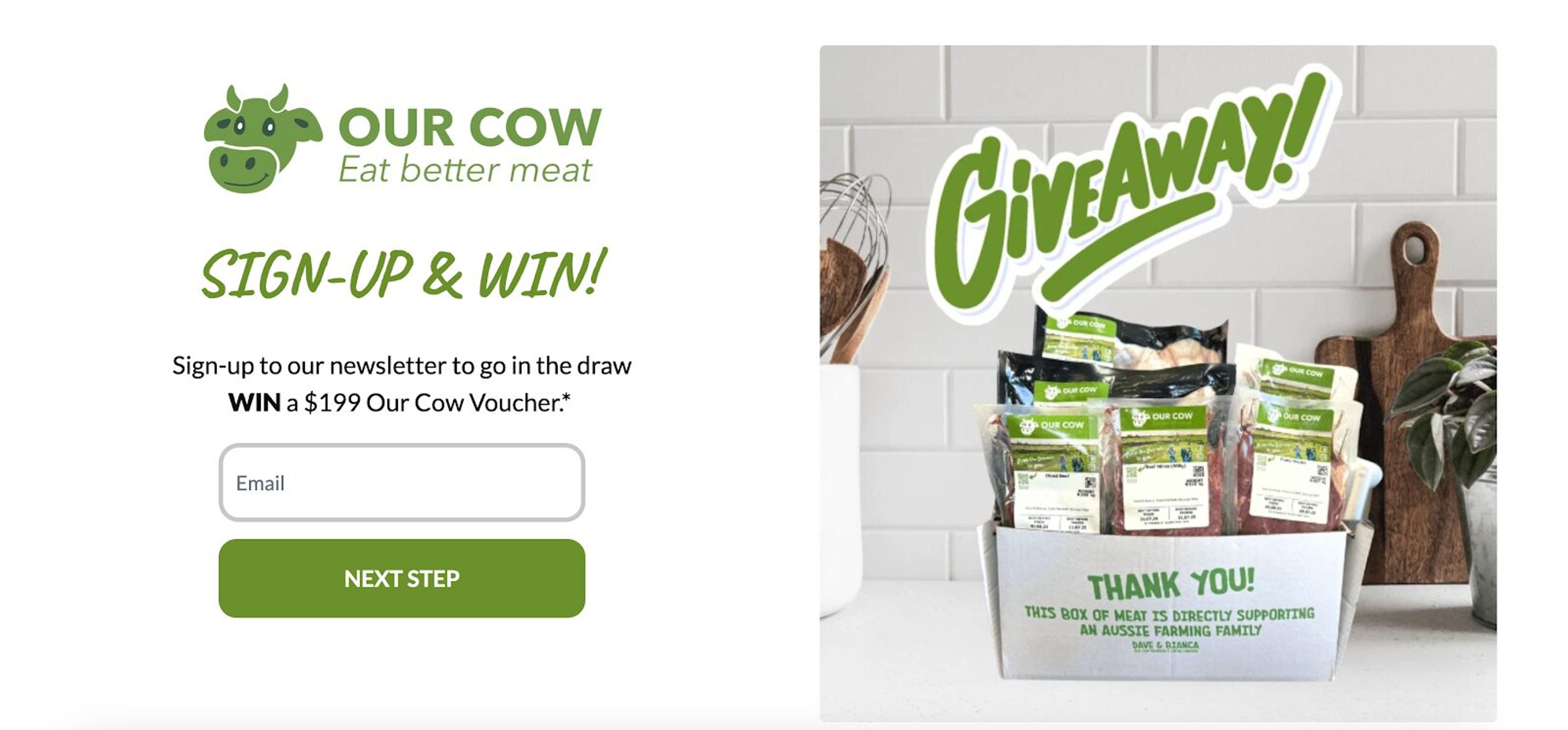 Our Cow's lead form offers a chance to win a $200 package for signing up, generating leads with a high-value giveaway