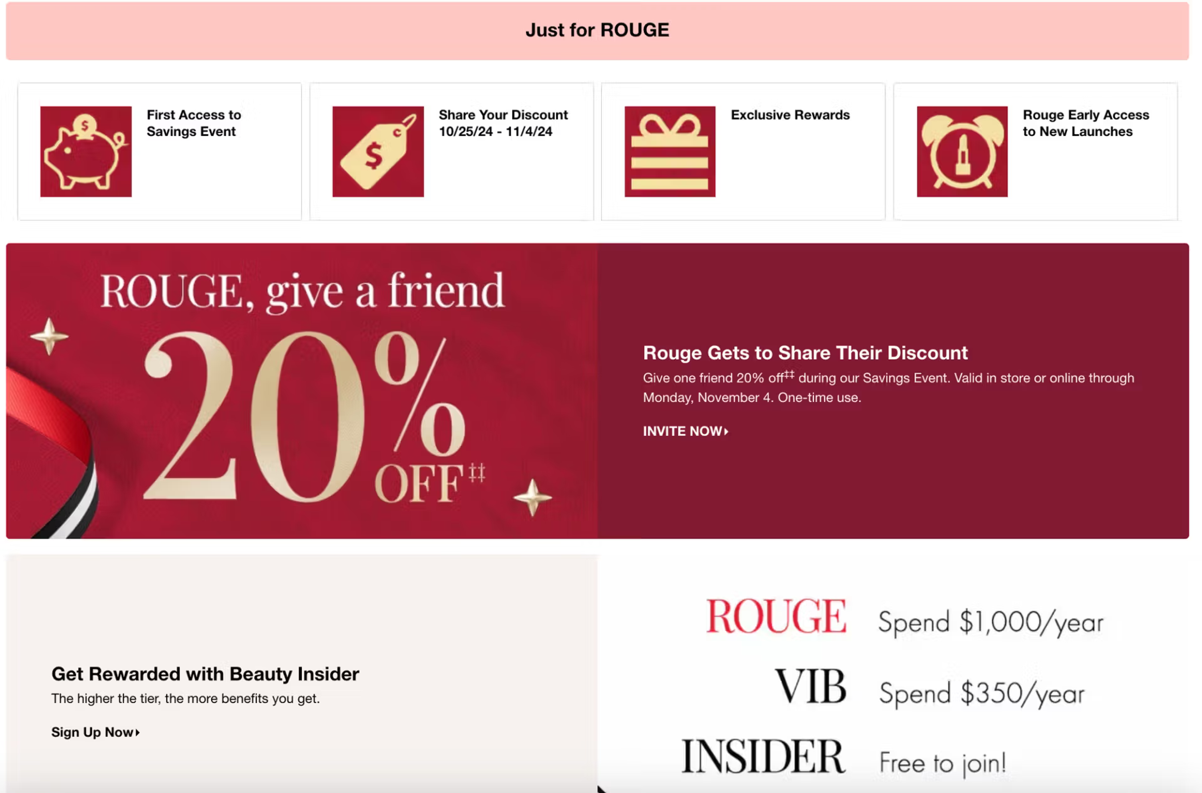 Sephora Beauty Insider page with first access to the Savings Event for Rouge members