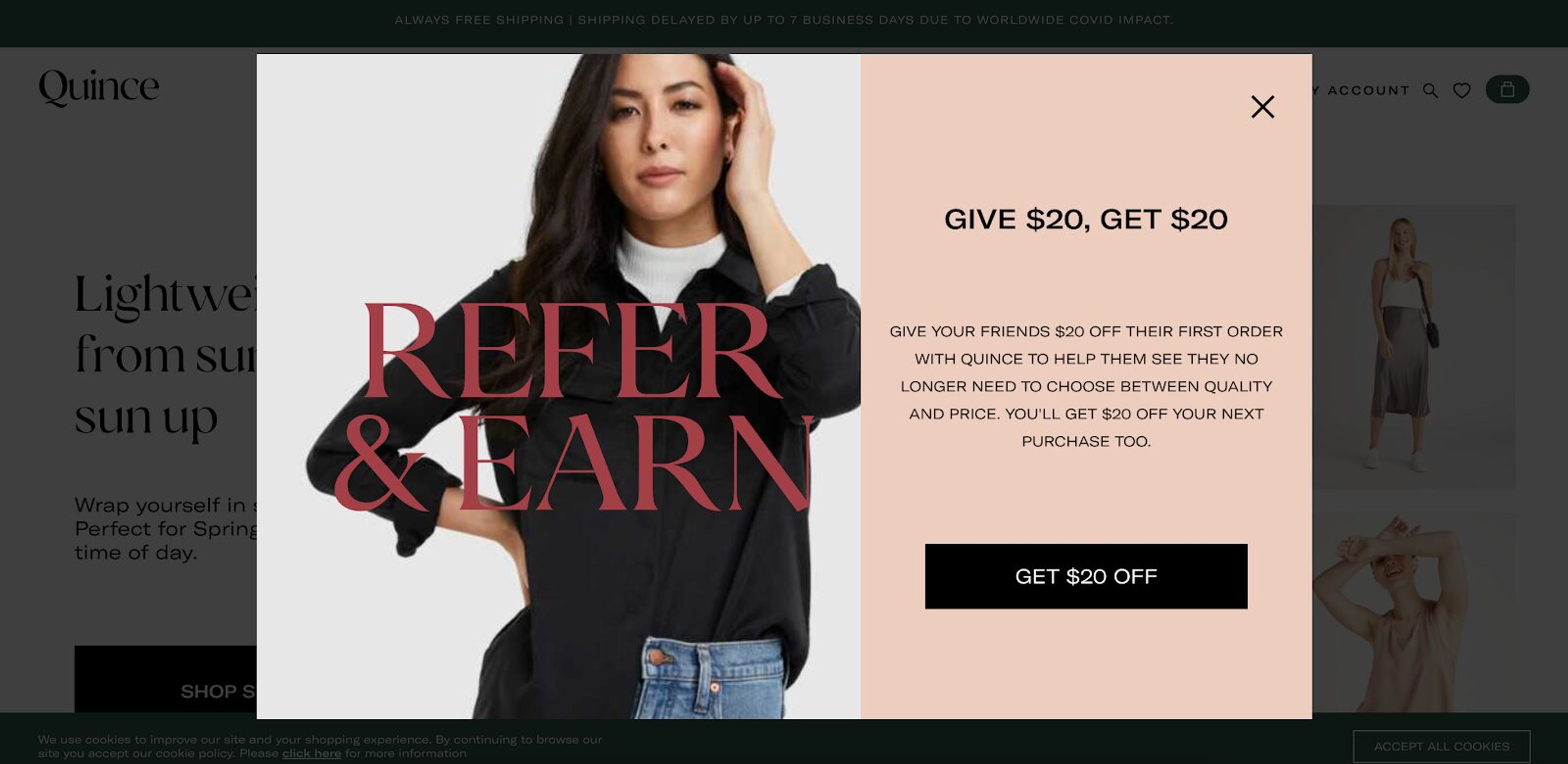 Refer a friend popup that leads to a referral program page.