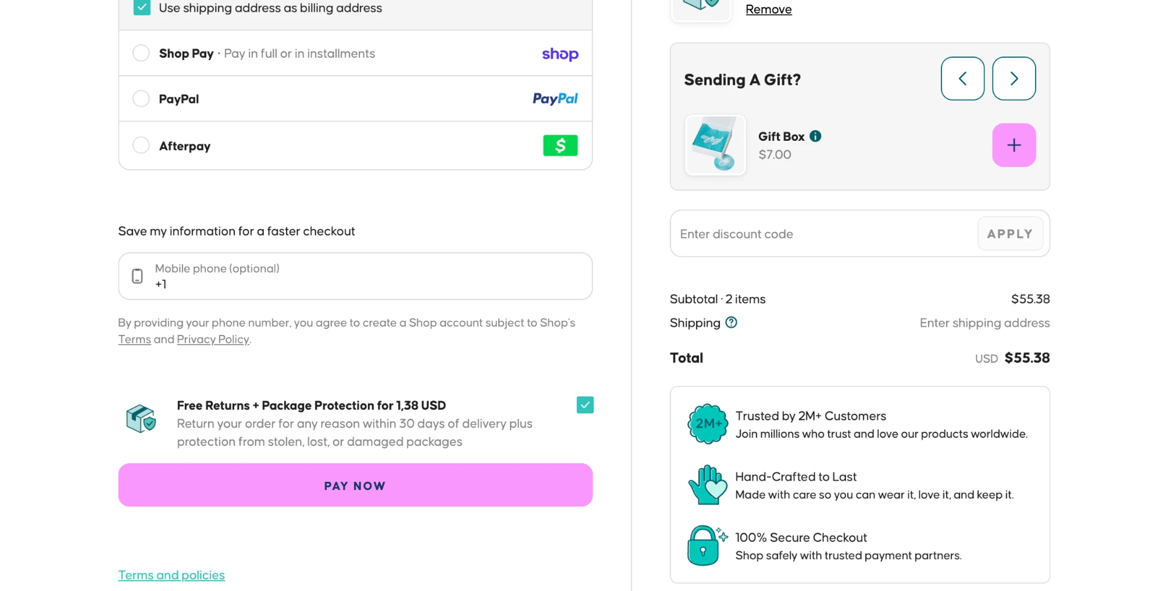 Pura Vida Bracelets checkout with a 100% Secure Checkout badge and customer trust notes next to the order total
