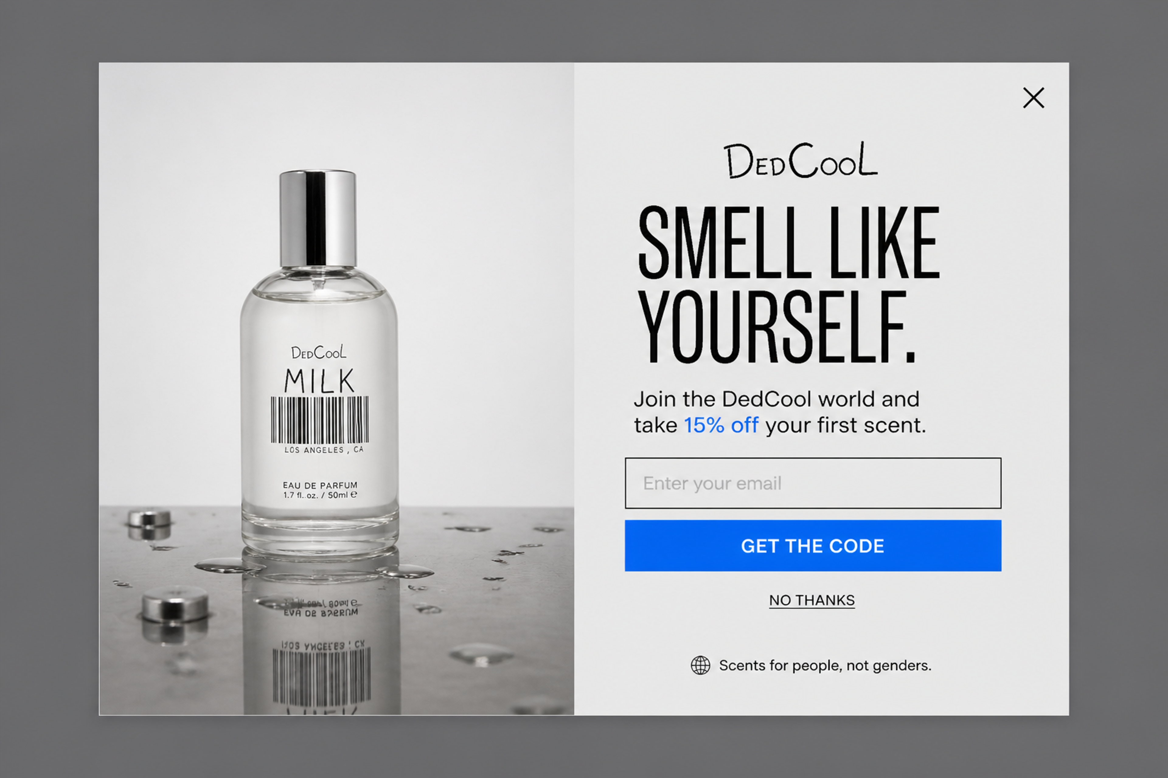 Welcome popup designed for DedCool with the headline "Smell like yourself.", 15% off the first scent, an email field, a "Get the code" button and a "No thanks" link
