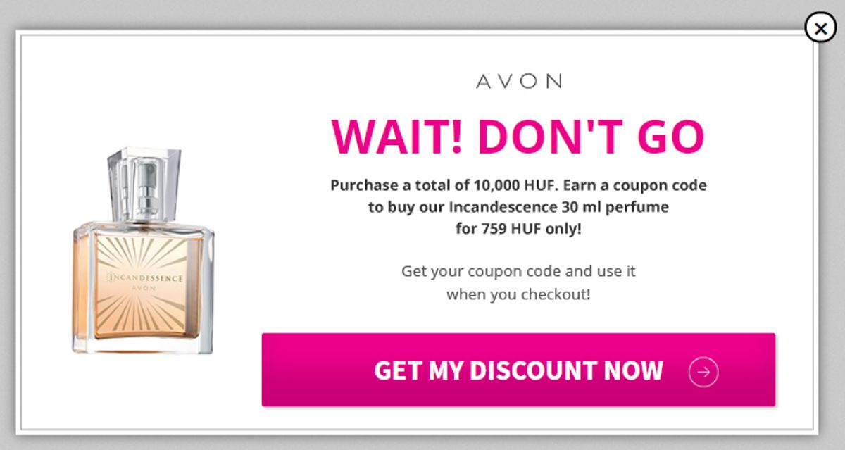 Avon cart abandonment popup campaign