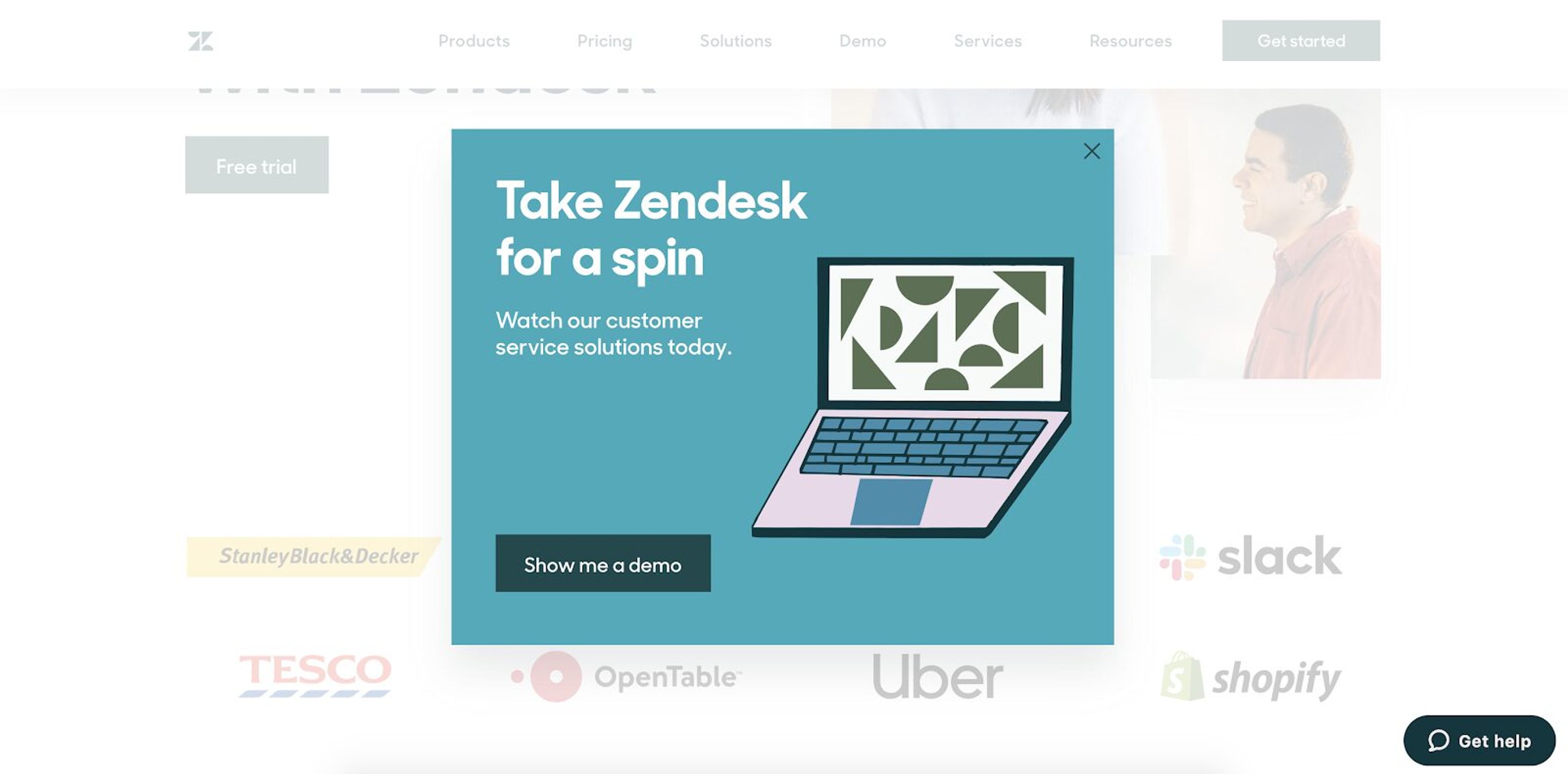Zendesk's welcome popup offers a demo session for first time customers on their landing pages.