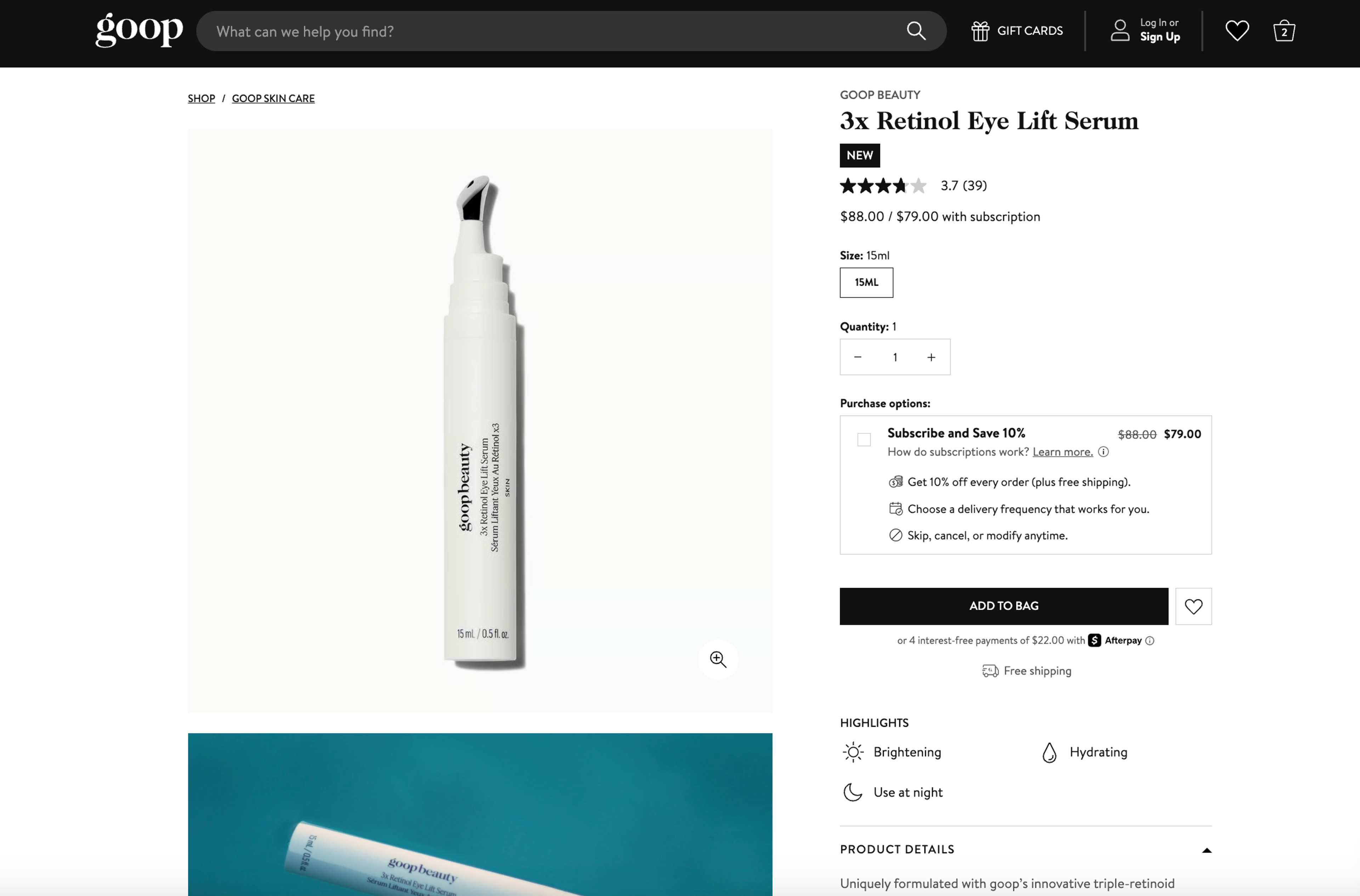 The product page of Goop’s 3x Retinol Serum.