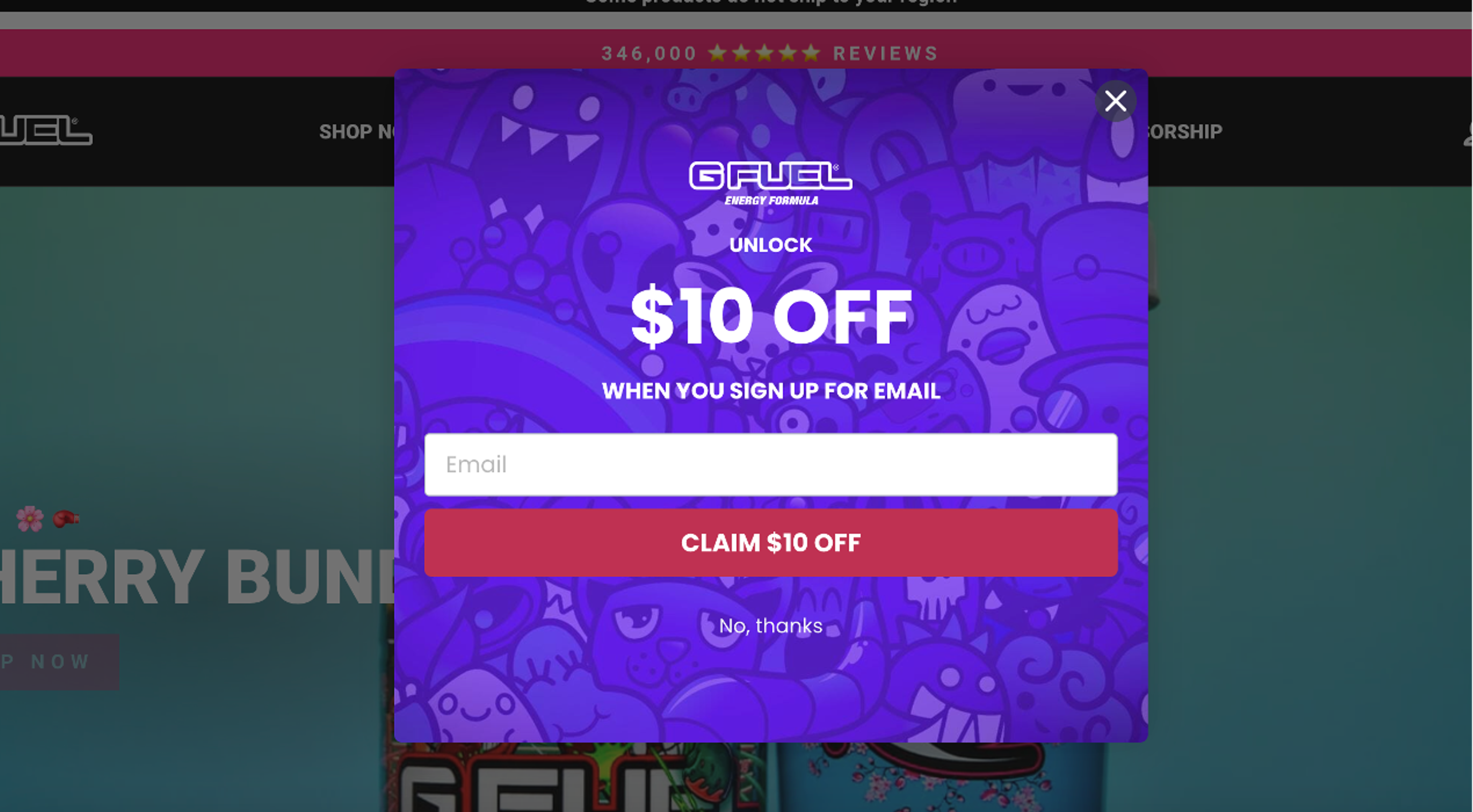 G Fuel email pop-up example
